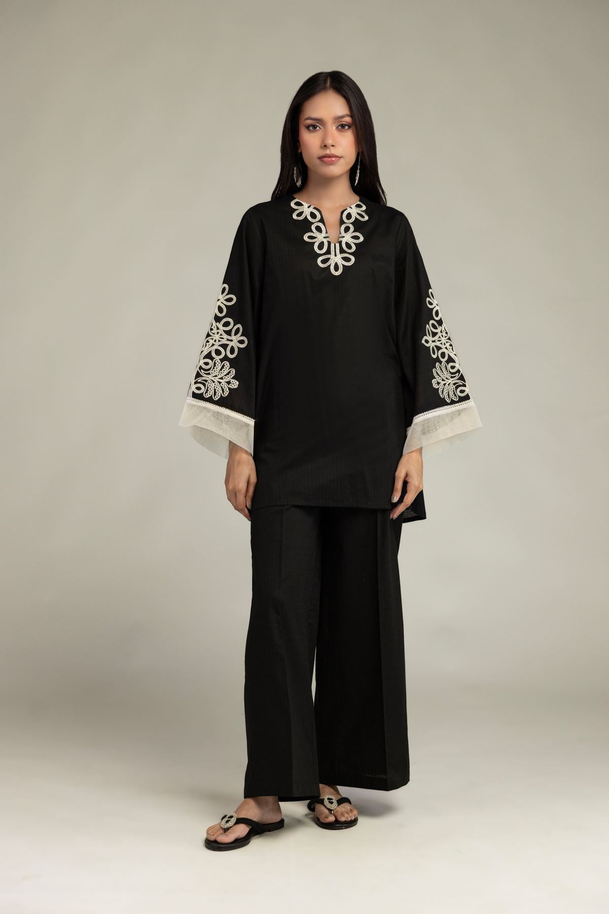 Embroidered Cotton Dobby Black Cotton Pants - 1-26-245-A-D2-VG