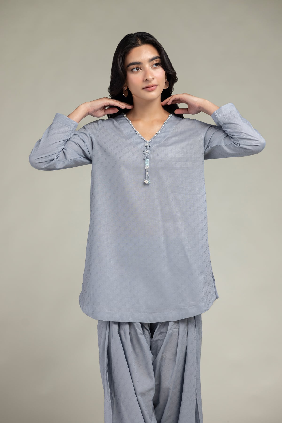 Dyed Cotton Dobby V-Neck Cotton Kurta - 1-26-244-A-D1-VG