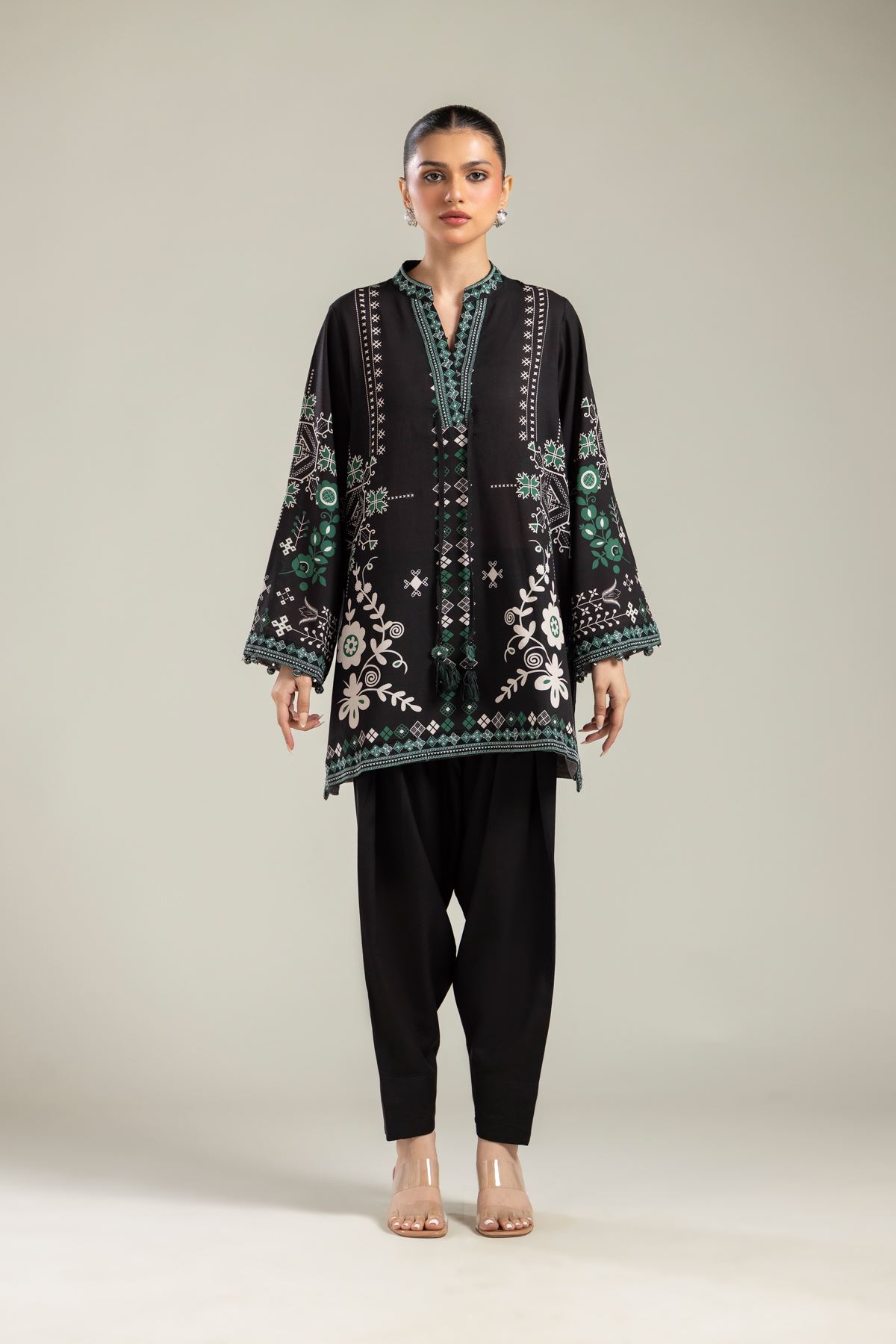 Embroidered Raw Silk Black V-Neck Kurta - 25-09-11E3-01TA-VG
