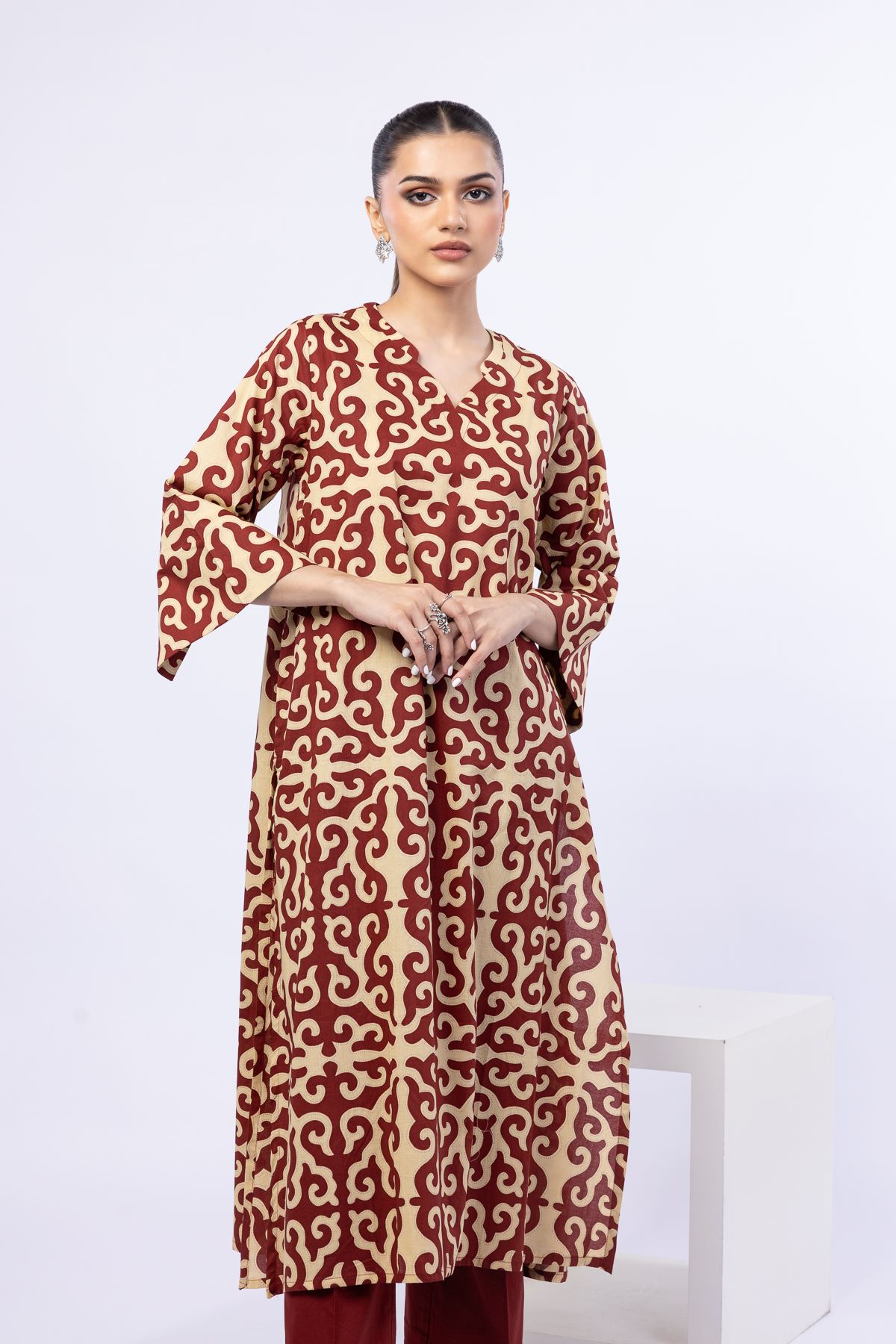 Printed Cambric Kurta - 25-05E53-03TB-VG