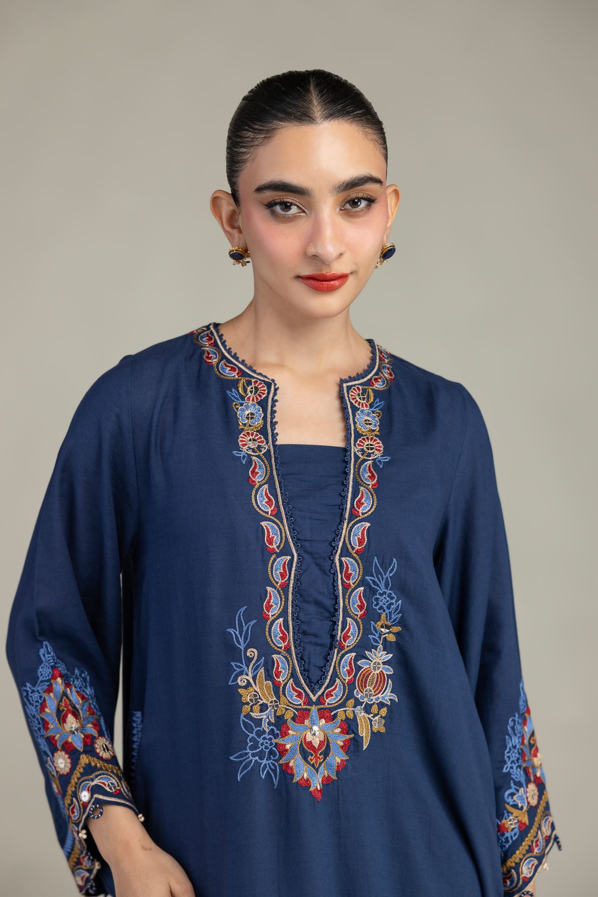 Embroidered Raw Silk Floral Navy Kurta - 1-26-245-A-D2-VG