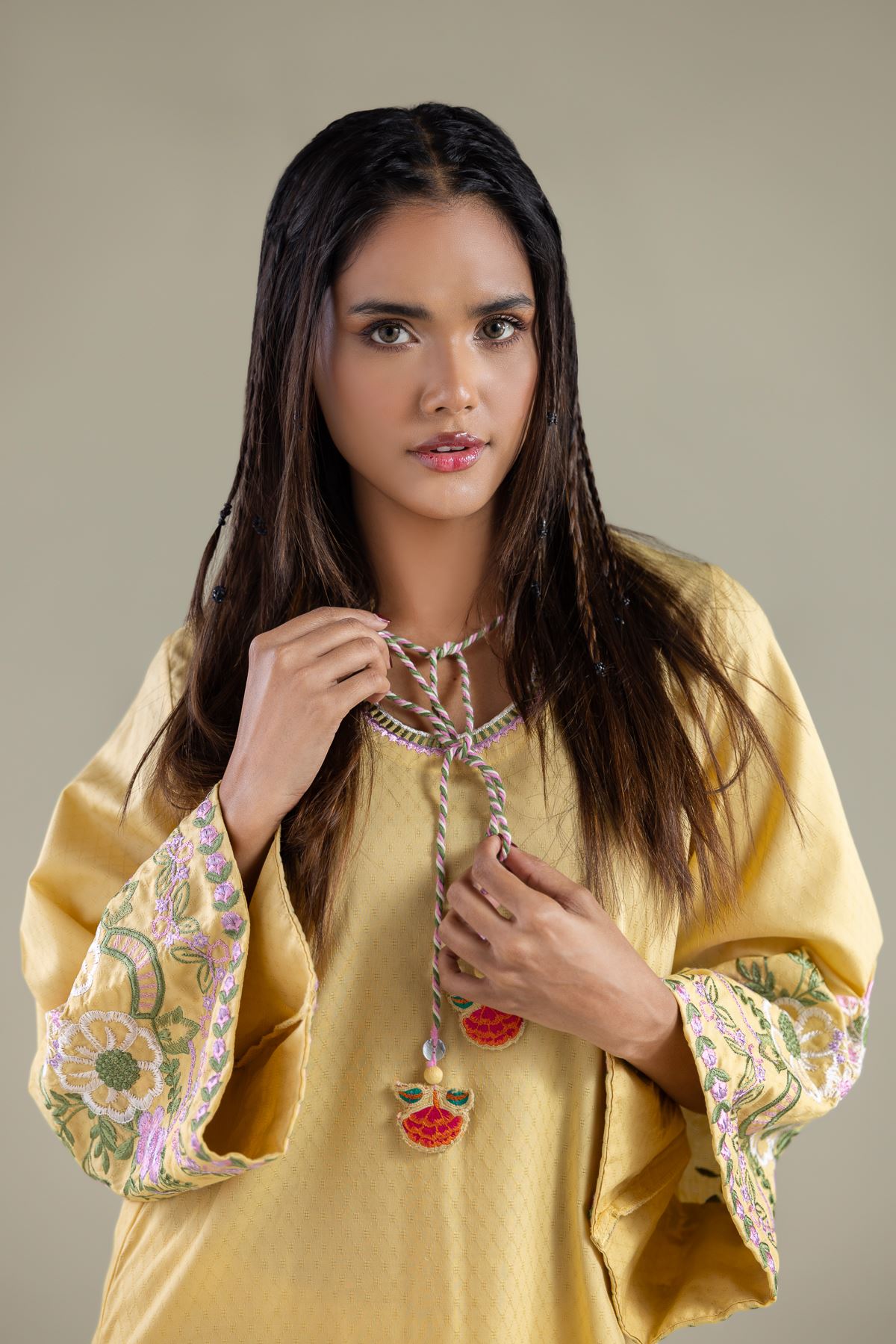 Embroidered Cotton Dobby Floral Drawstring Kurta - T-A33-26-105FH-VG
