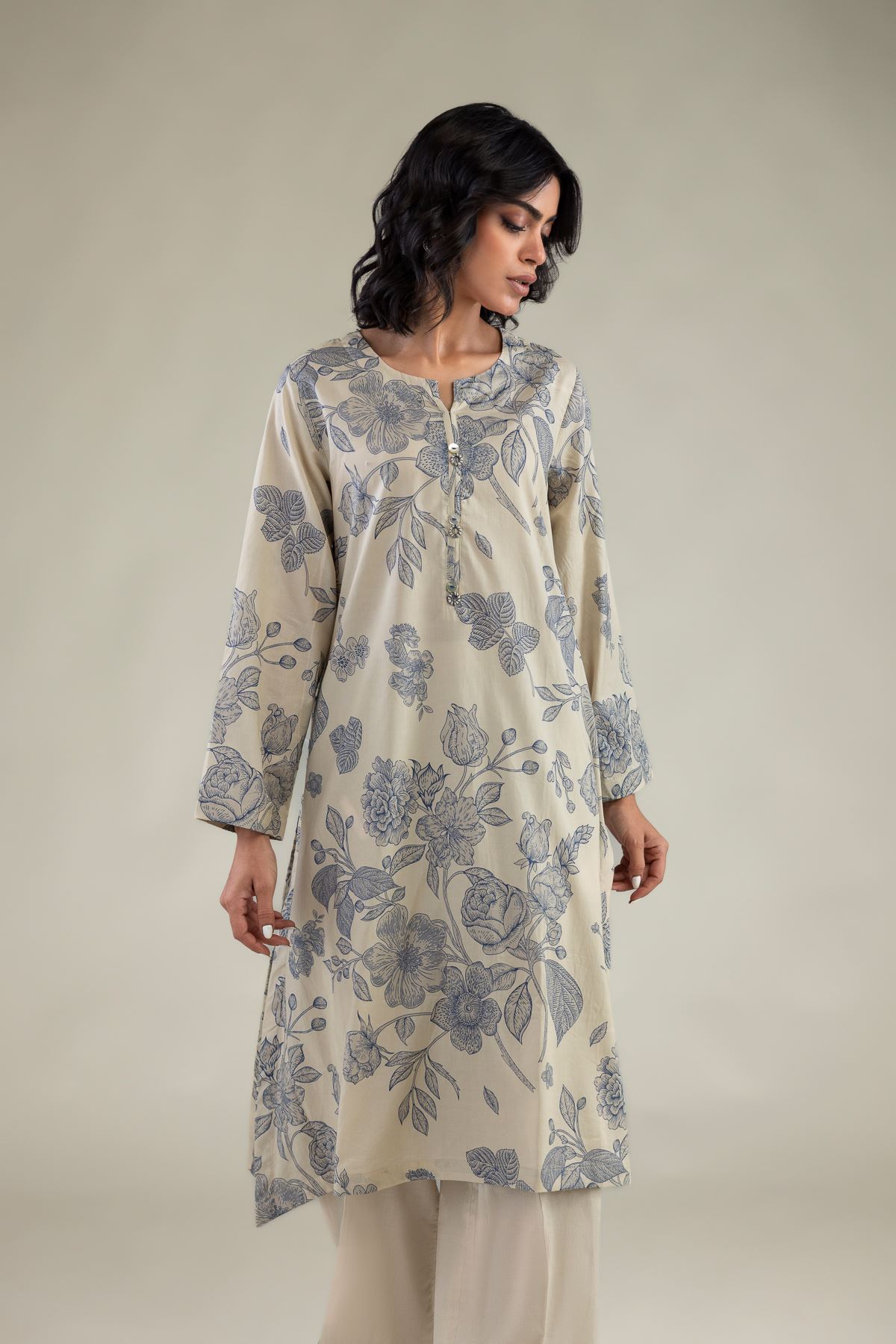 Embroidered Cambric Floral Longline Kurta - 1-26-229-B-F1-VG