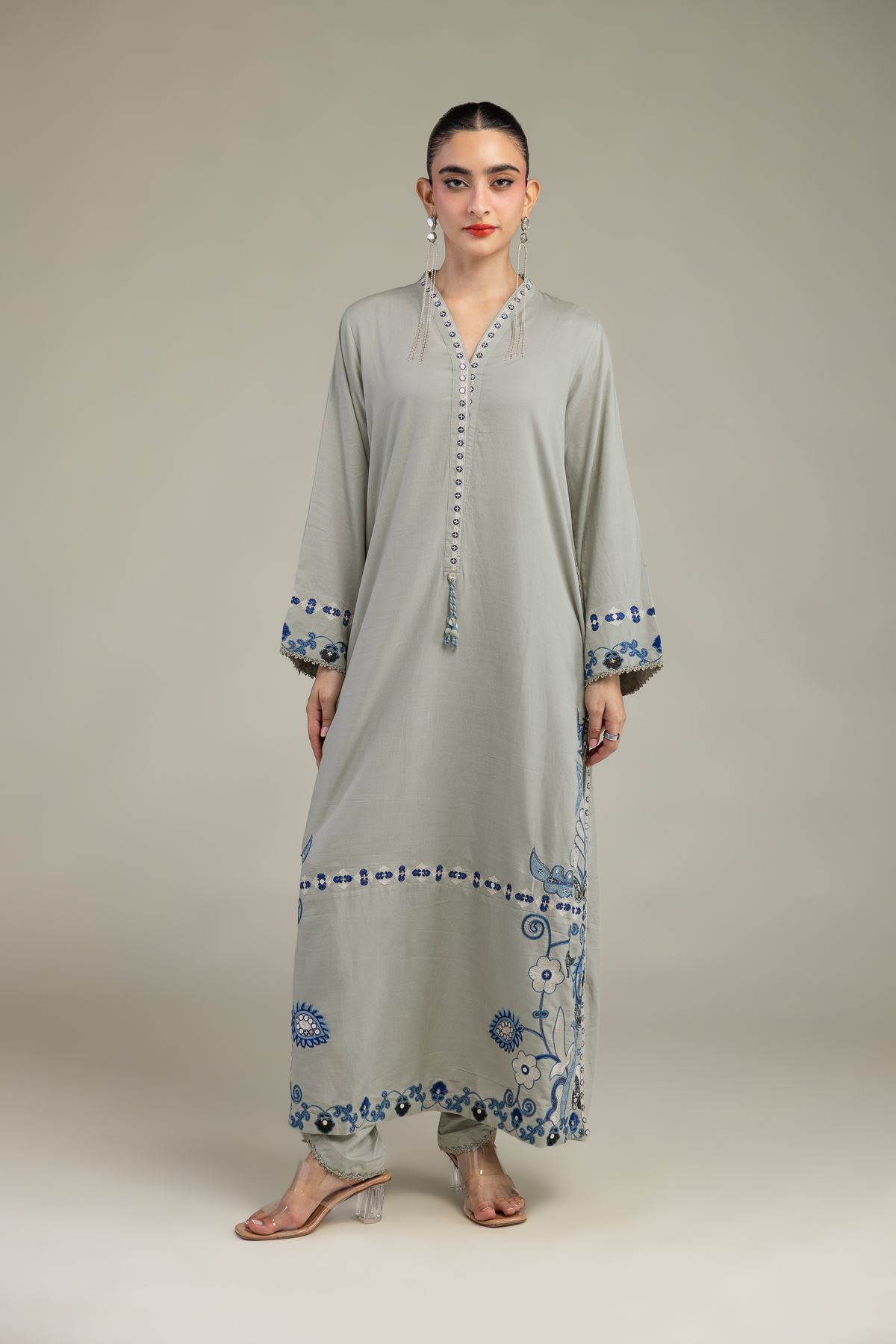 Embroidered Raw Silk Floral V-Neck Kurta - 1-26-203-B-H1-VG