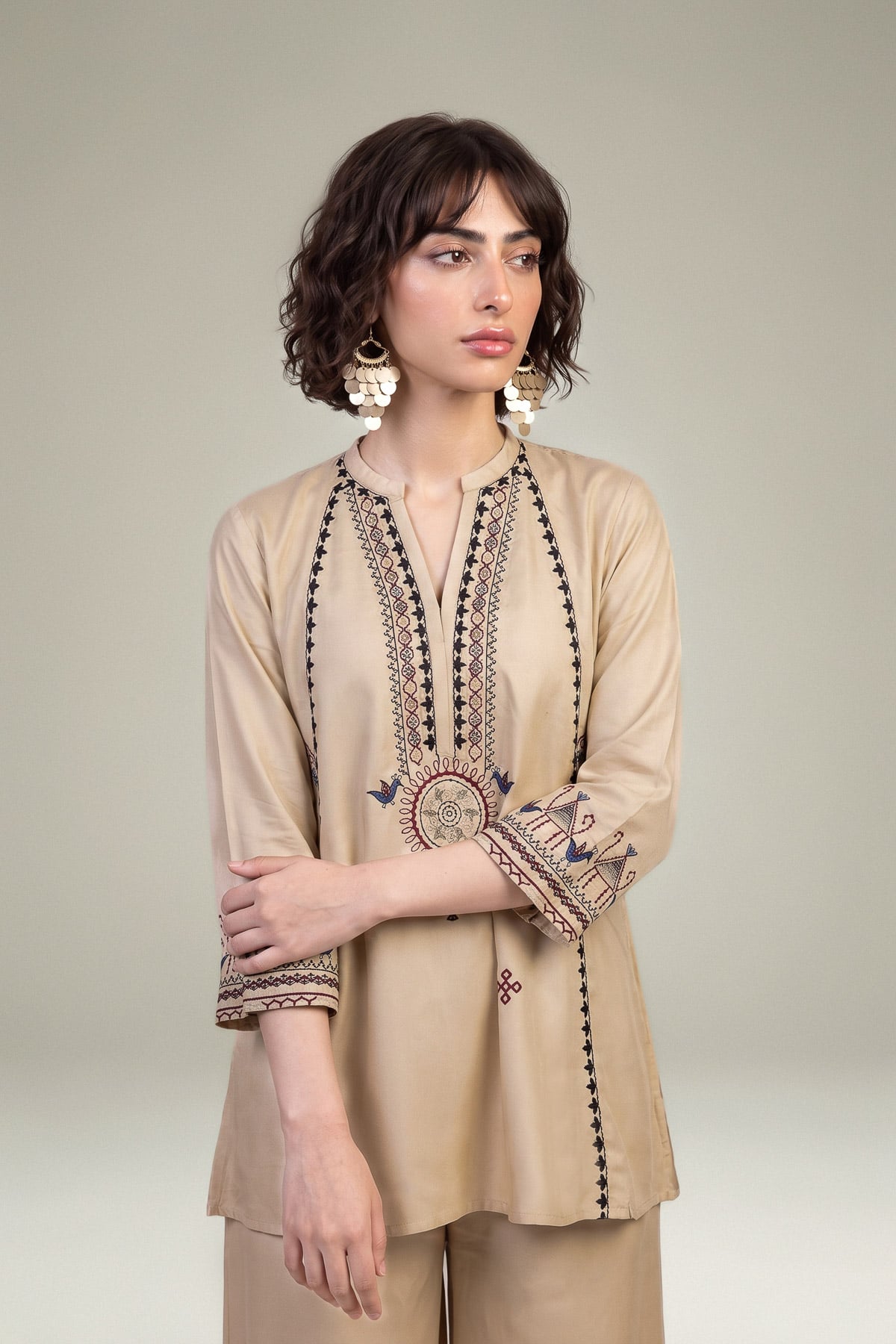 Embroidered Viscose Crepe Beige V-Neck Tunic - 1-26-309-B-D1-VG