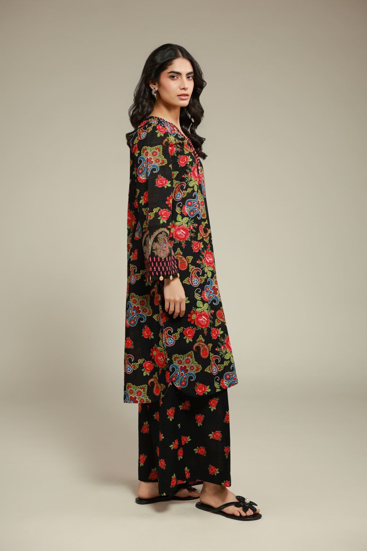 Printed Textured Cotton Floral Pants - 1-26-102-B-B-VG