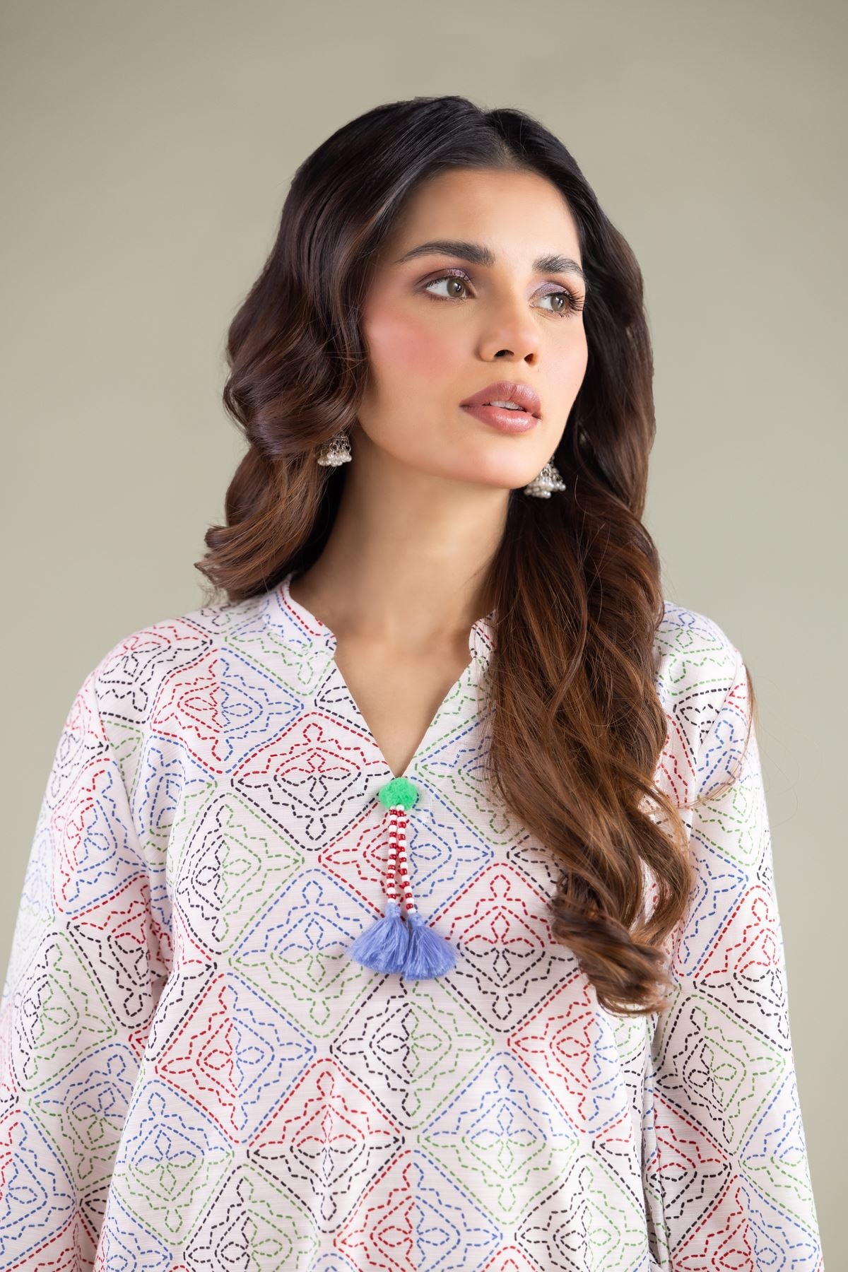 Embroidered Textured Cotton Geometric Tassel Kurta - T-A11-26-108FB1-VG
