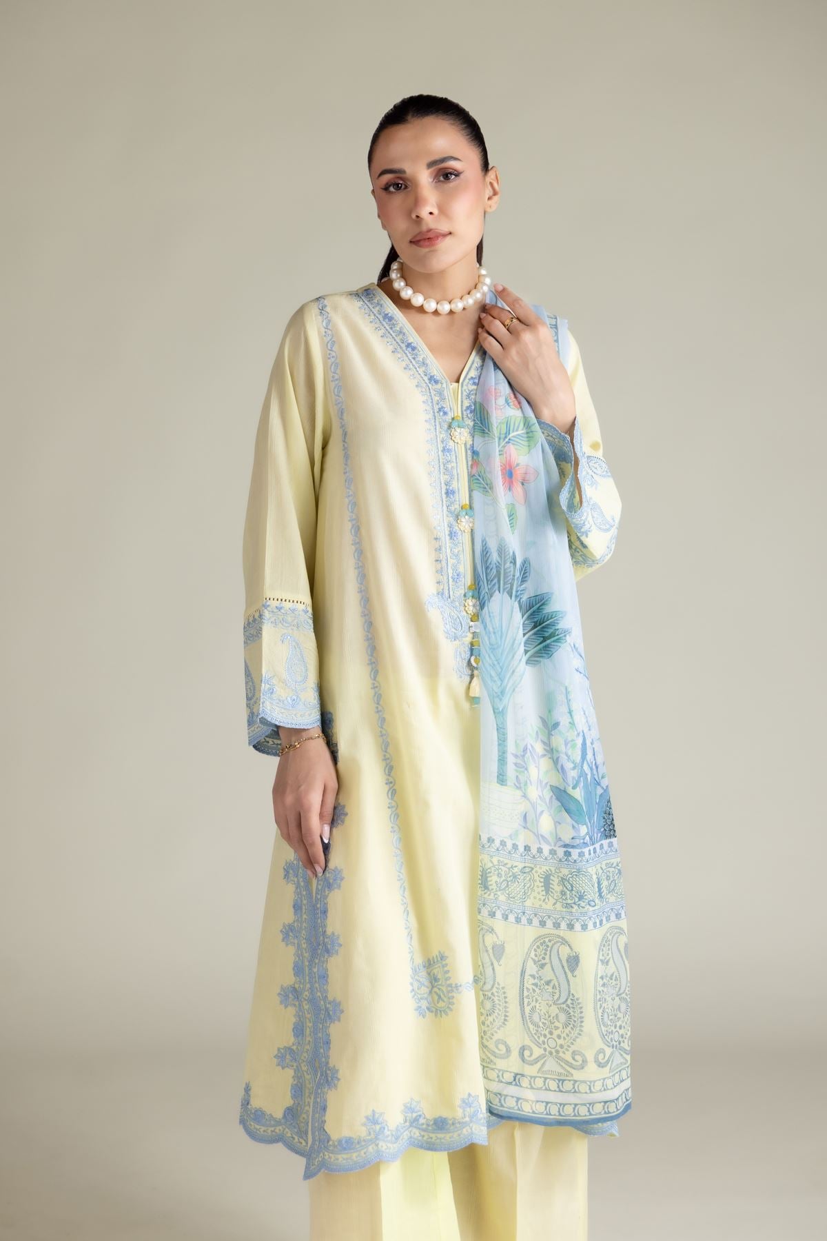 Embroidered Textured Cotton Tailored 3 Piece - T-A22-26-207FB1-VG