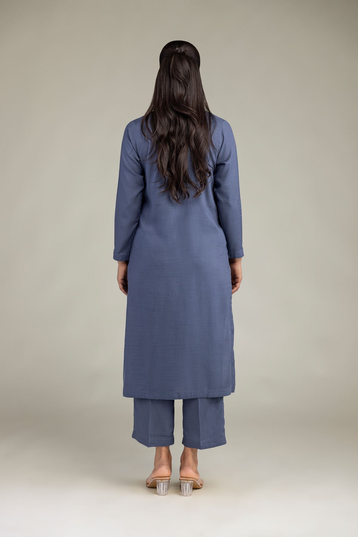 Dyed Raw Silk Longline V-Neck Kurta - 1-26-322-B-A1-VG