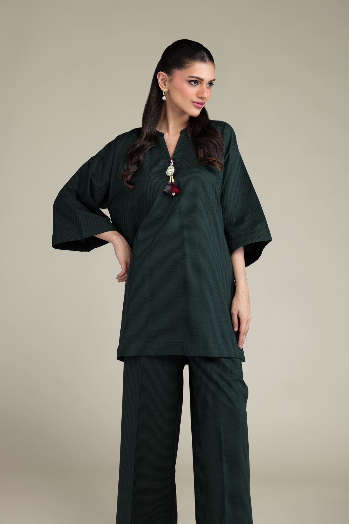 Dyed Textured Cotton Viscose V-Neck Cotton Kurta - 1-26-131-A-B-VG