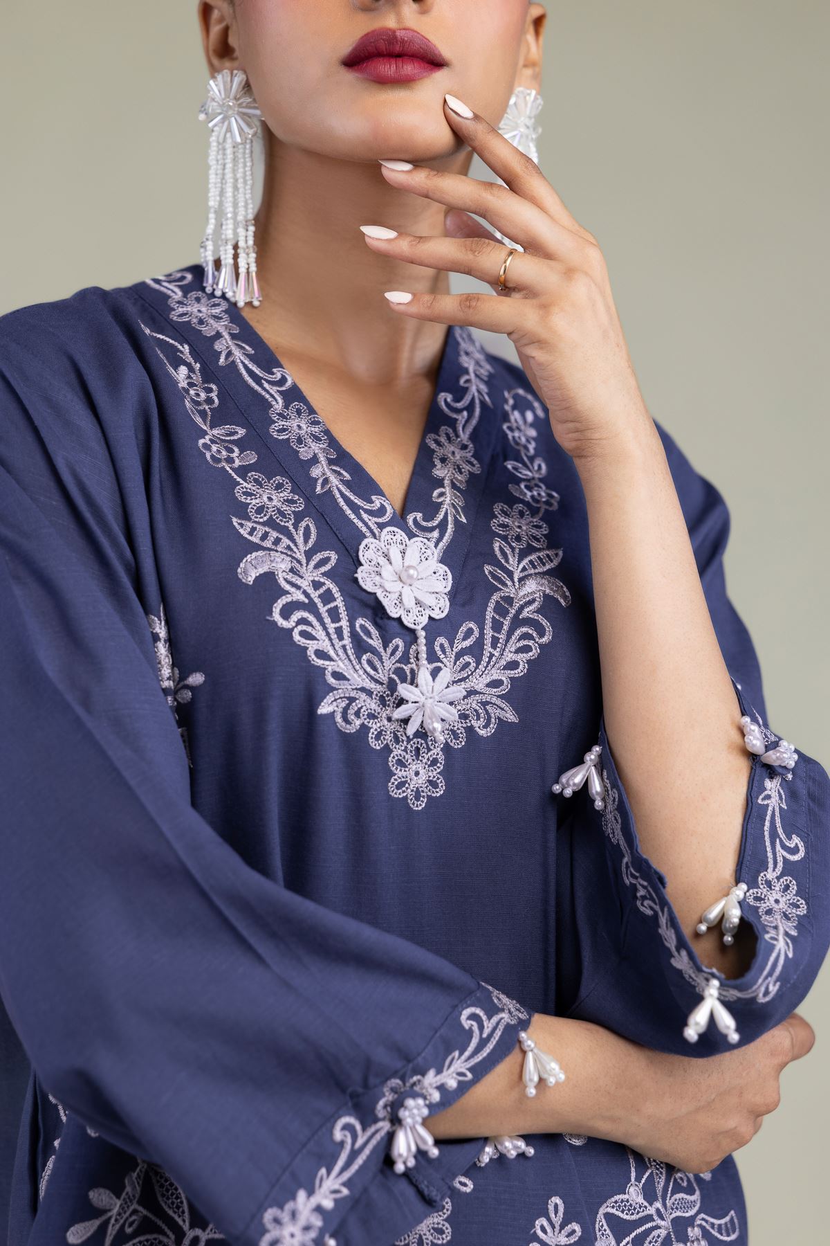 Embroidered Raw Silk Floral V-Neck Kurta - 2-26-302-B-F1-VG