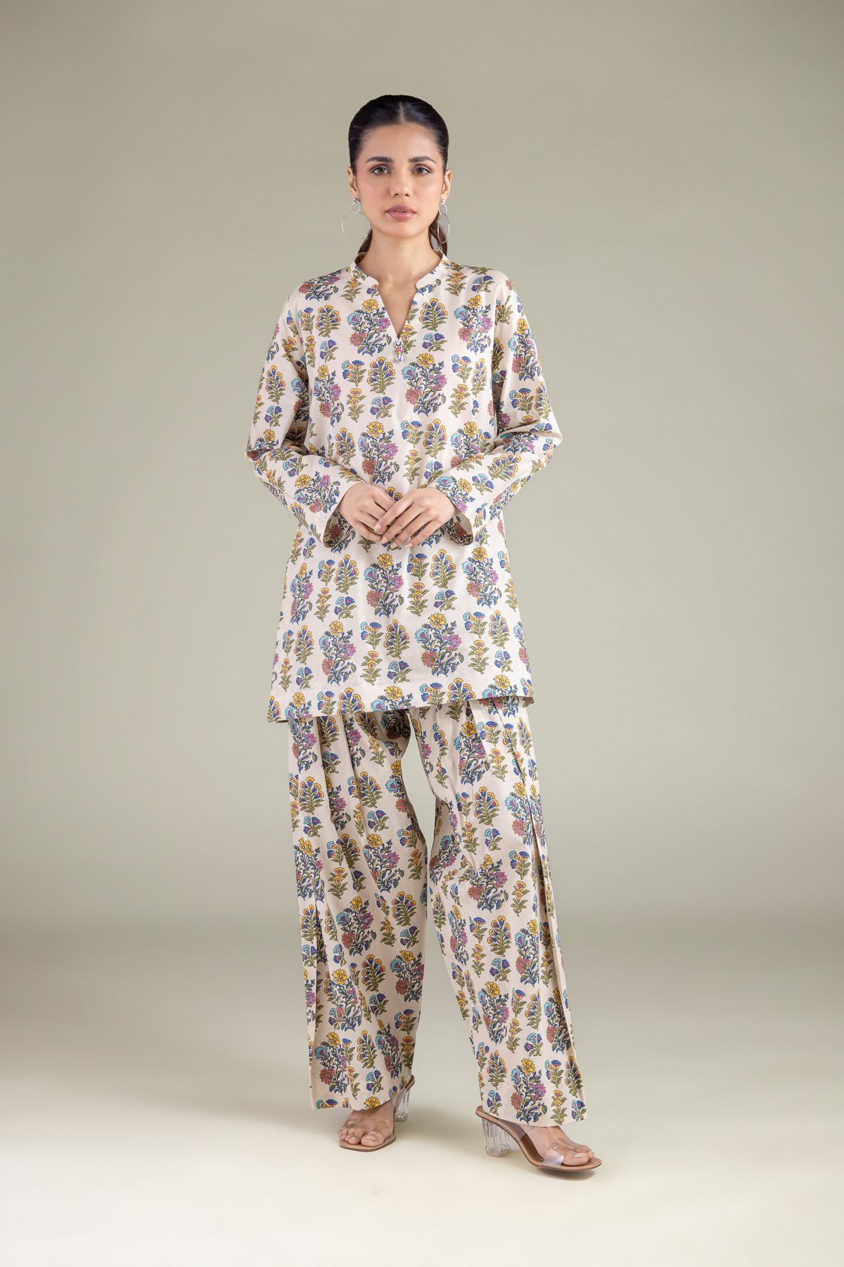 Printed Cambric Floral V-Neck Kurta - 2-26-106-A-B-VG
