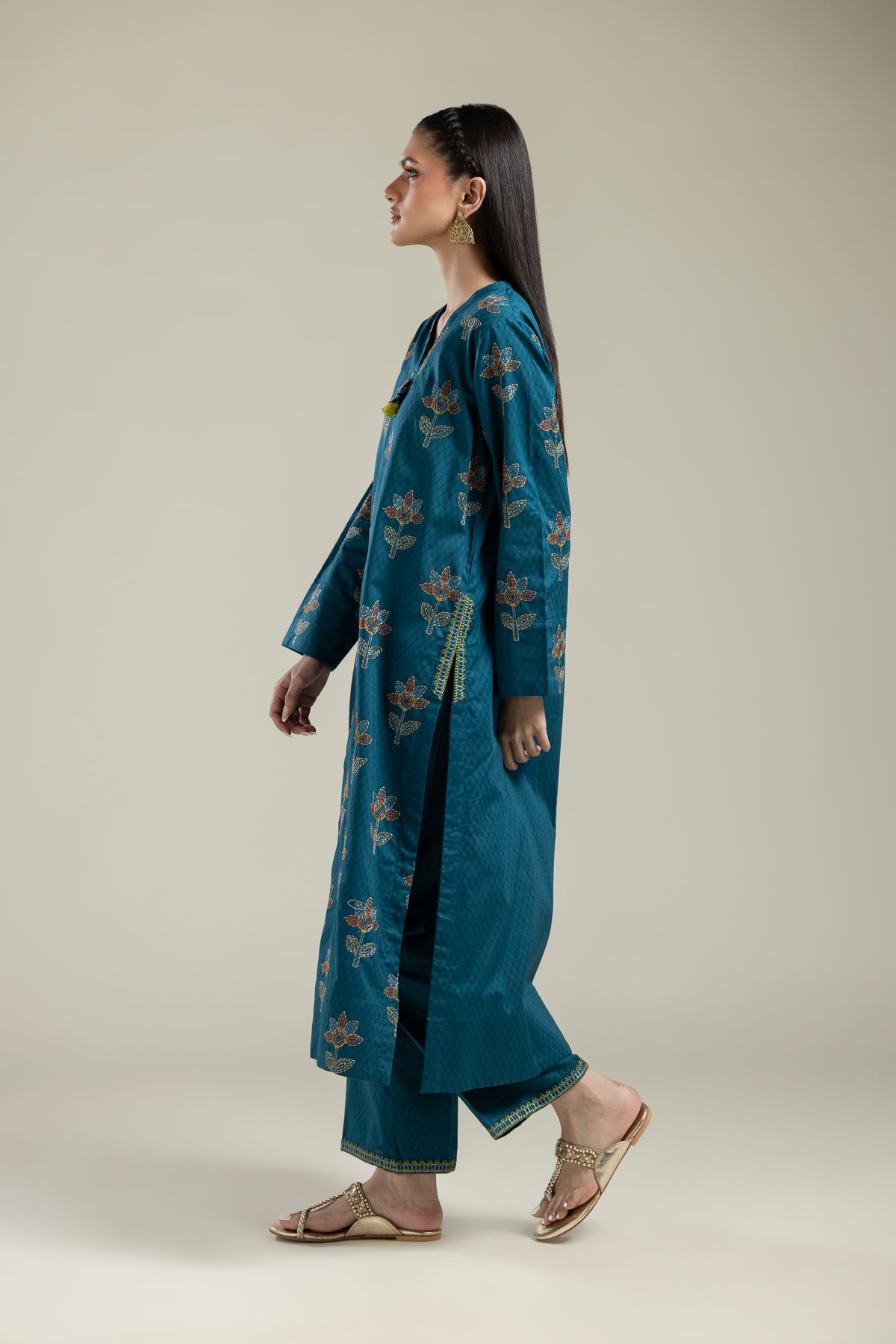Embroidered Cotton Dobby Floral Teal Pants - 1-26-134-A-H-VG