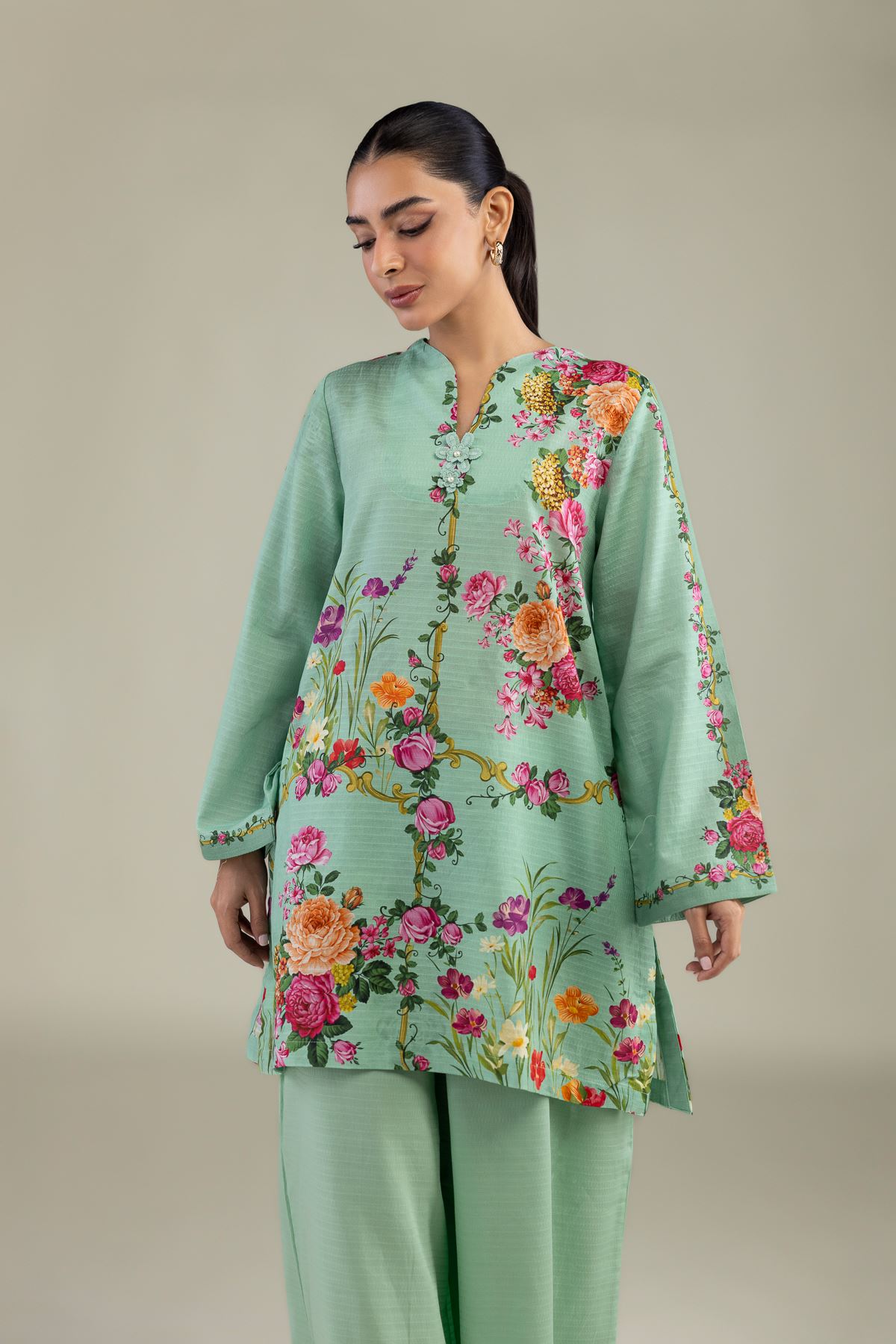 Printed Cotton Dobby Mint Dobby Kurta - 1-26-220-B-E1-VG