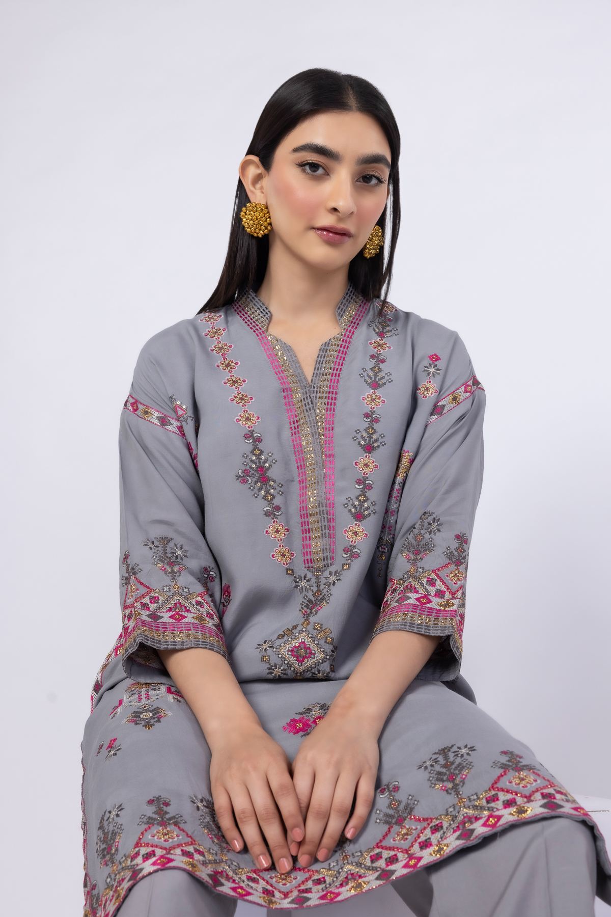 Embroidered Russian Raw Silk Kurta - 25-04S19-02TA-VG
