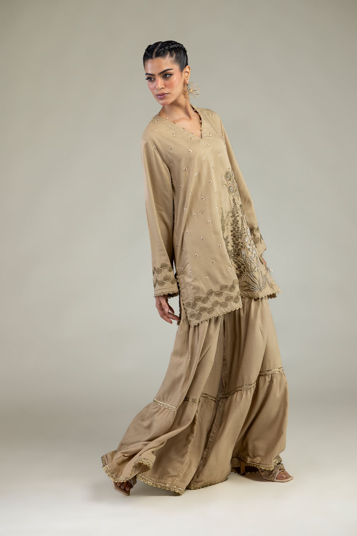Embroidered Raw Silk Floral V-Neck Kurta - 2-26-203-A-F1-VG