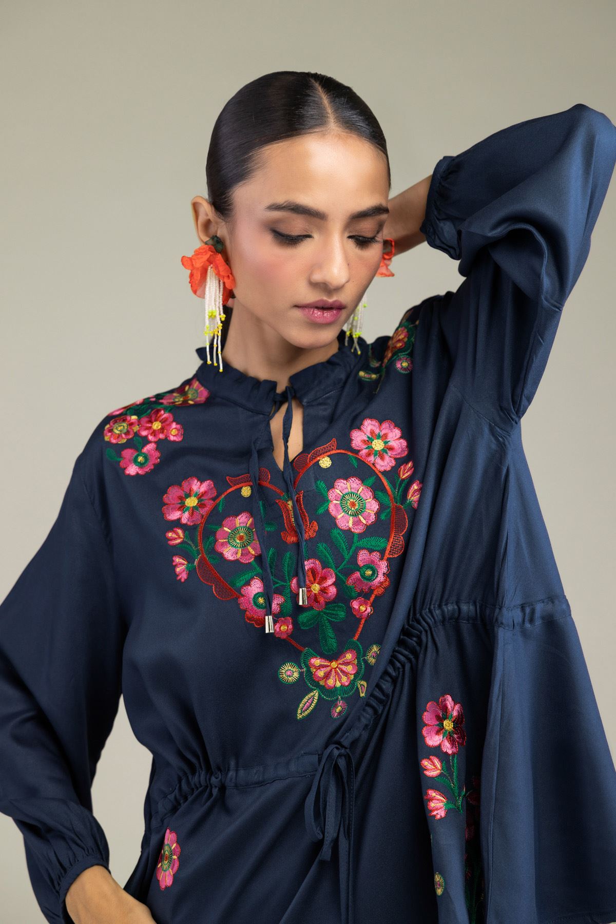 Embroidered Viscose Crepe Floral Navy Tunic - 2-26-202-A-D-VG