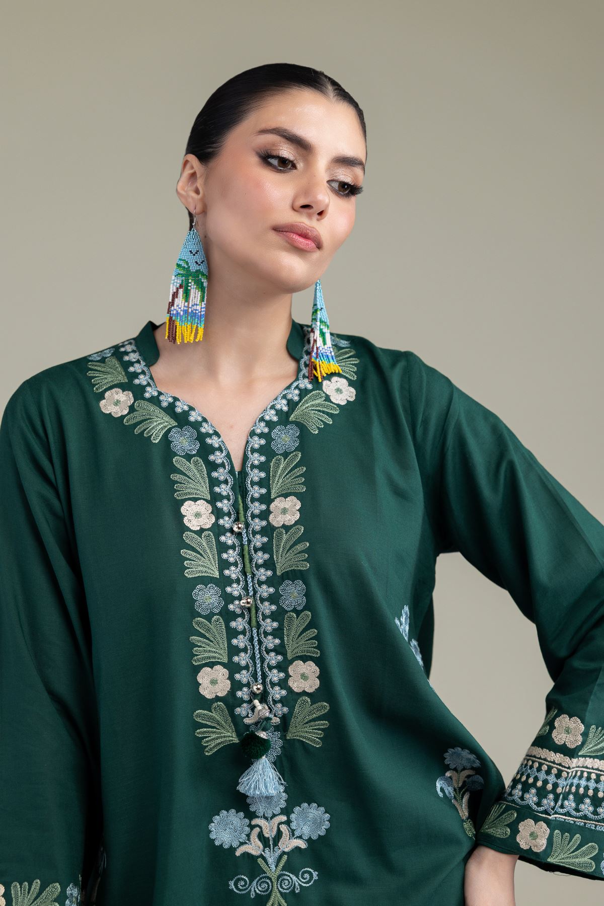 Embroidered Raw Silk Green V-Neck Kurta - 1-26-238-A-J1-VG