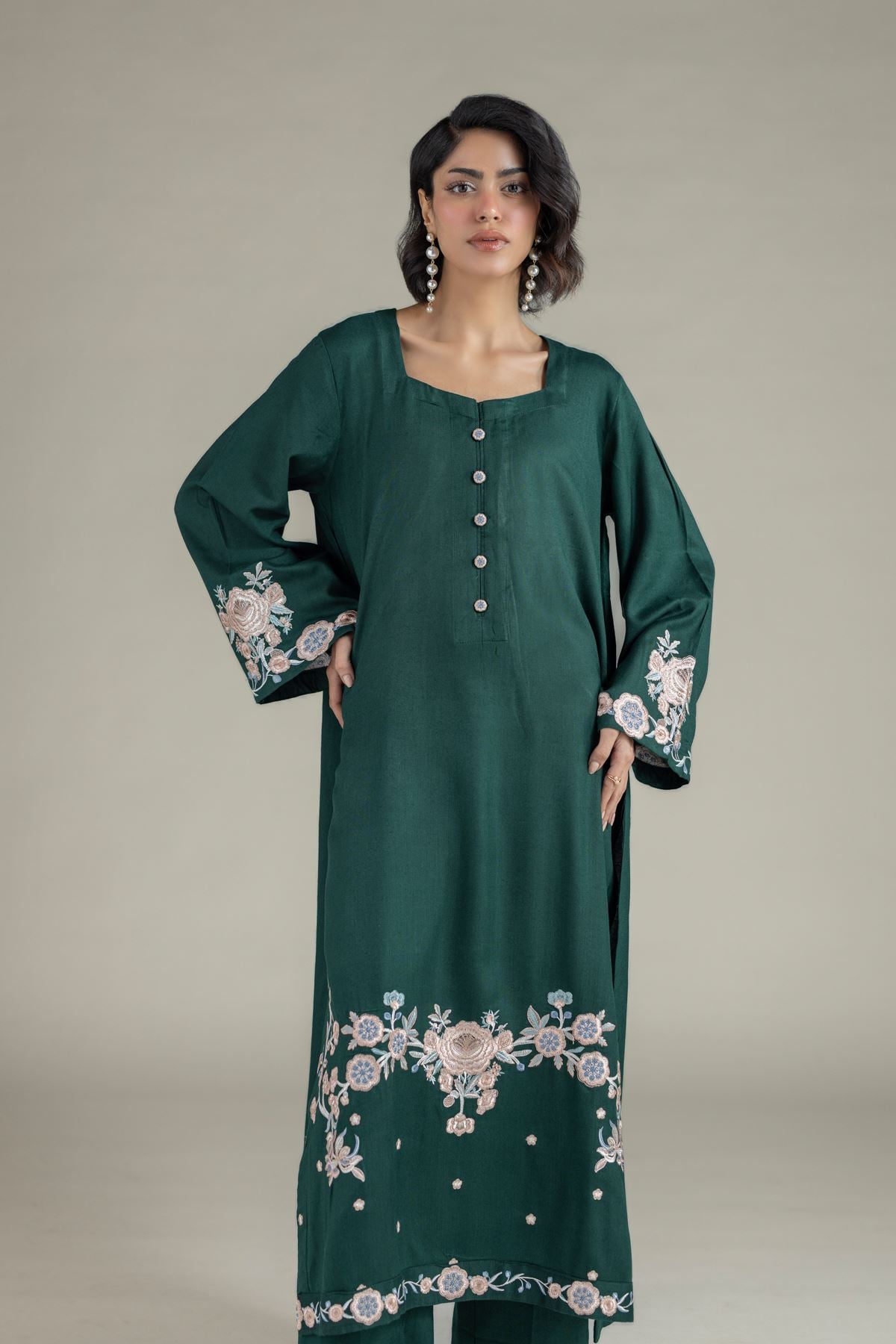 Embroidered Heavy Blended Viscose Floral Longline Kurta - 25-10-11E8-11TB-VG