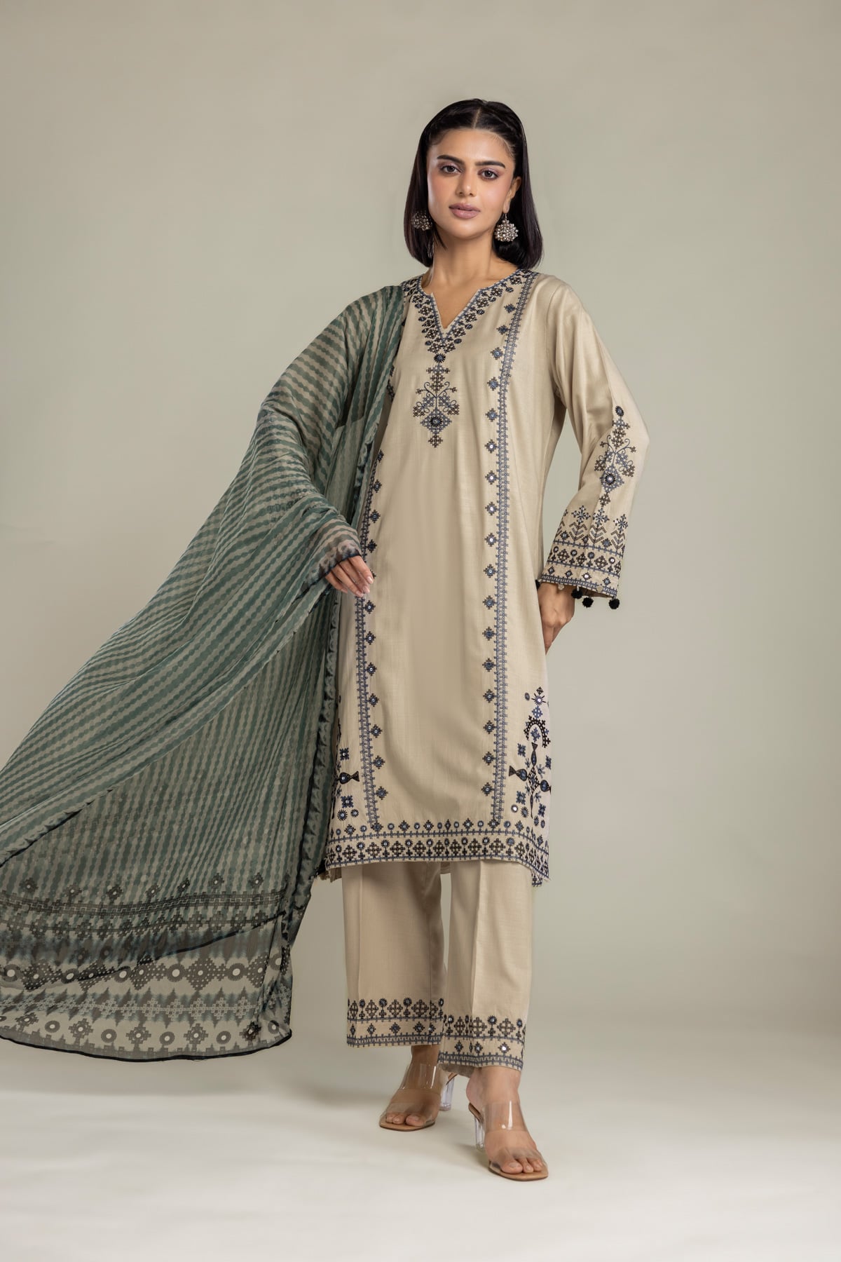 Embroidered Raw Silk 3 Piece Tailored - 1-26-408-A-B1-VG