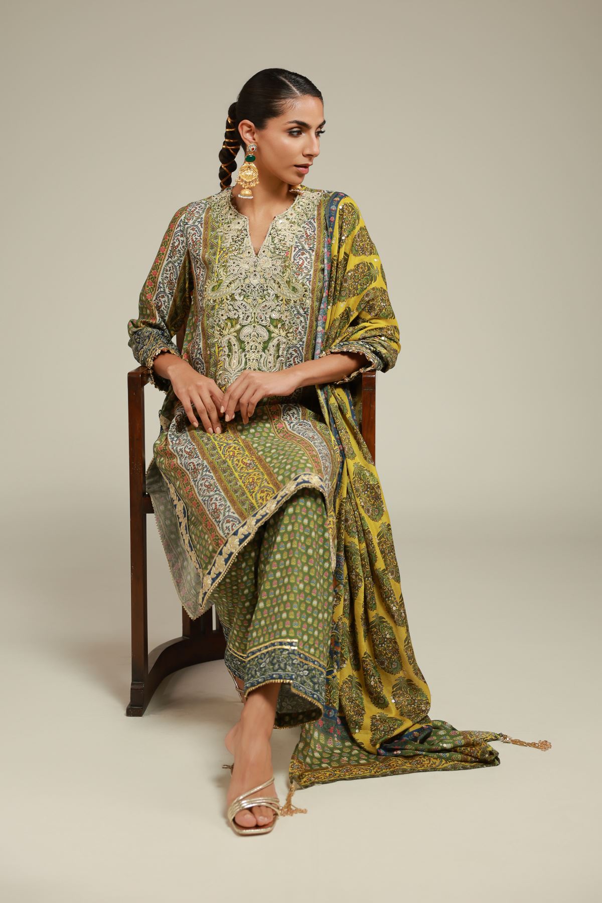 Embroidered Raw Silk 3 Piece Co-ord Set - 25-11-12S2-10TA-VG