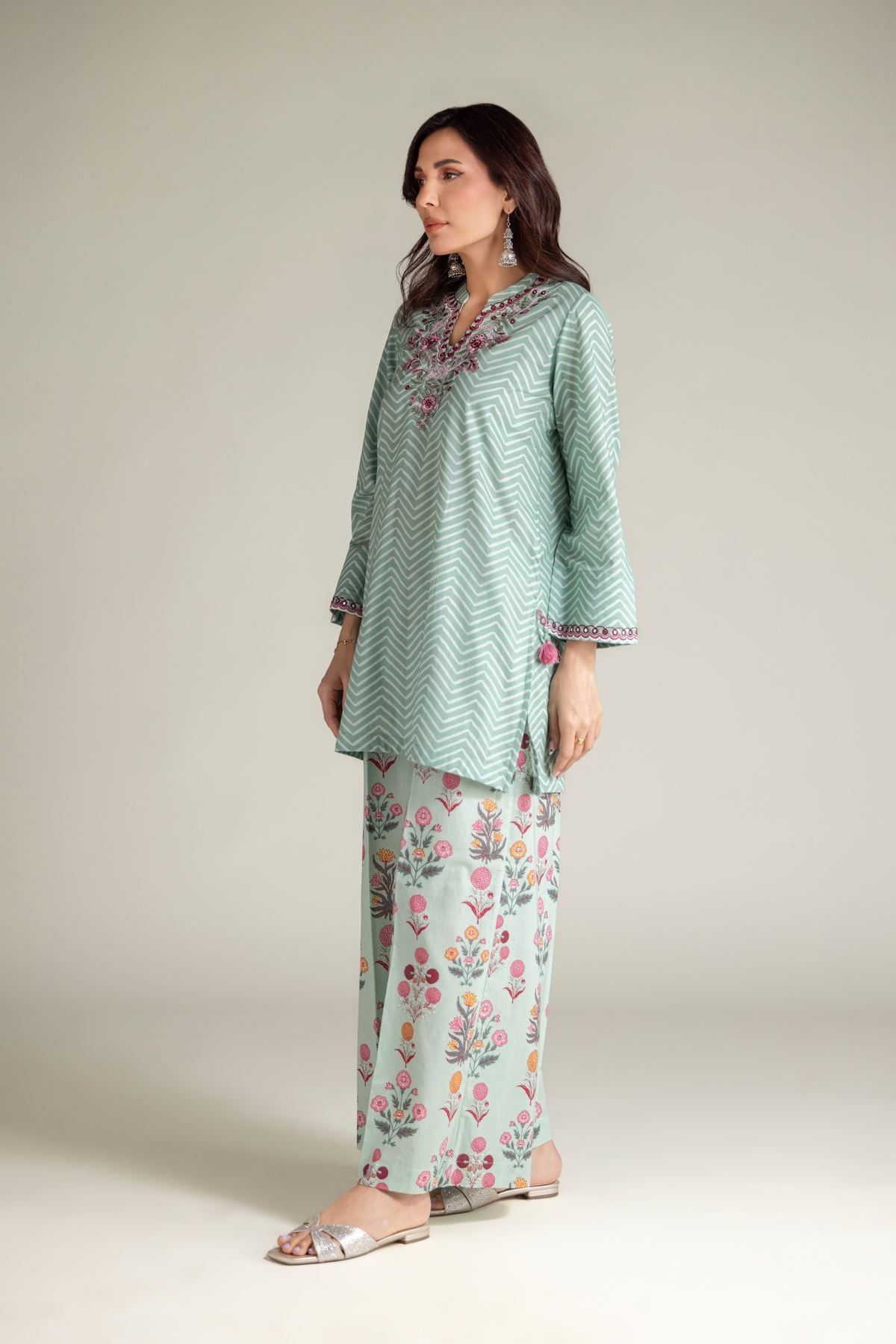 Embroidered Cambric Mint Cambric Pants - 2-26-109-A-F-VG
