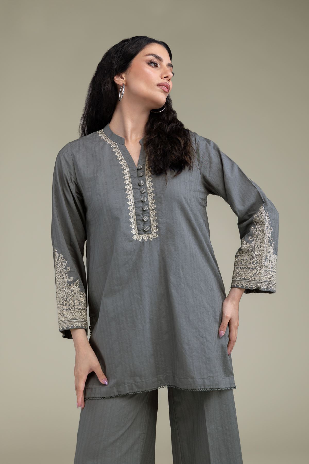 Embroidered Cotton Dobby Gray Cotton Kurta - 1-26-209-A-F1-VG