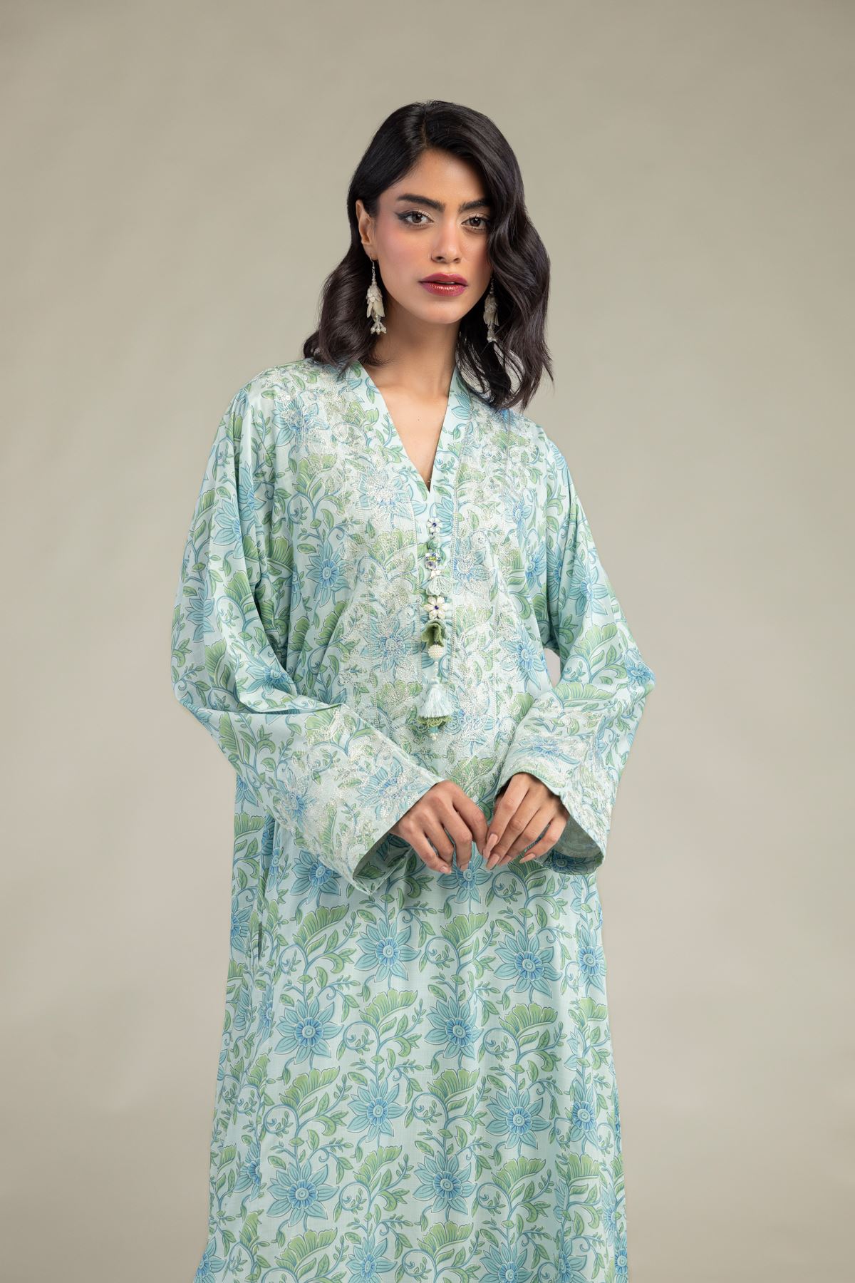 Embroidered Raw Silk Long Floral Kurta - 1-26-309-B-D1-VG