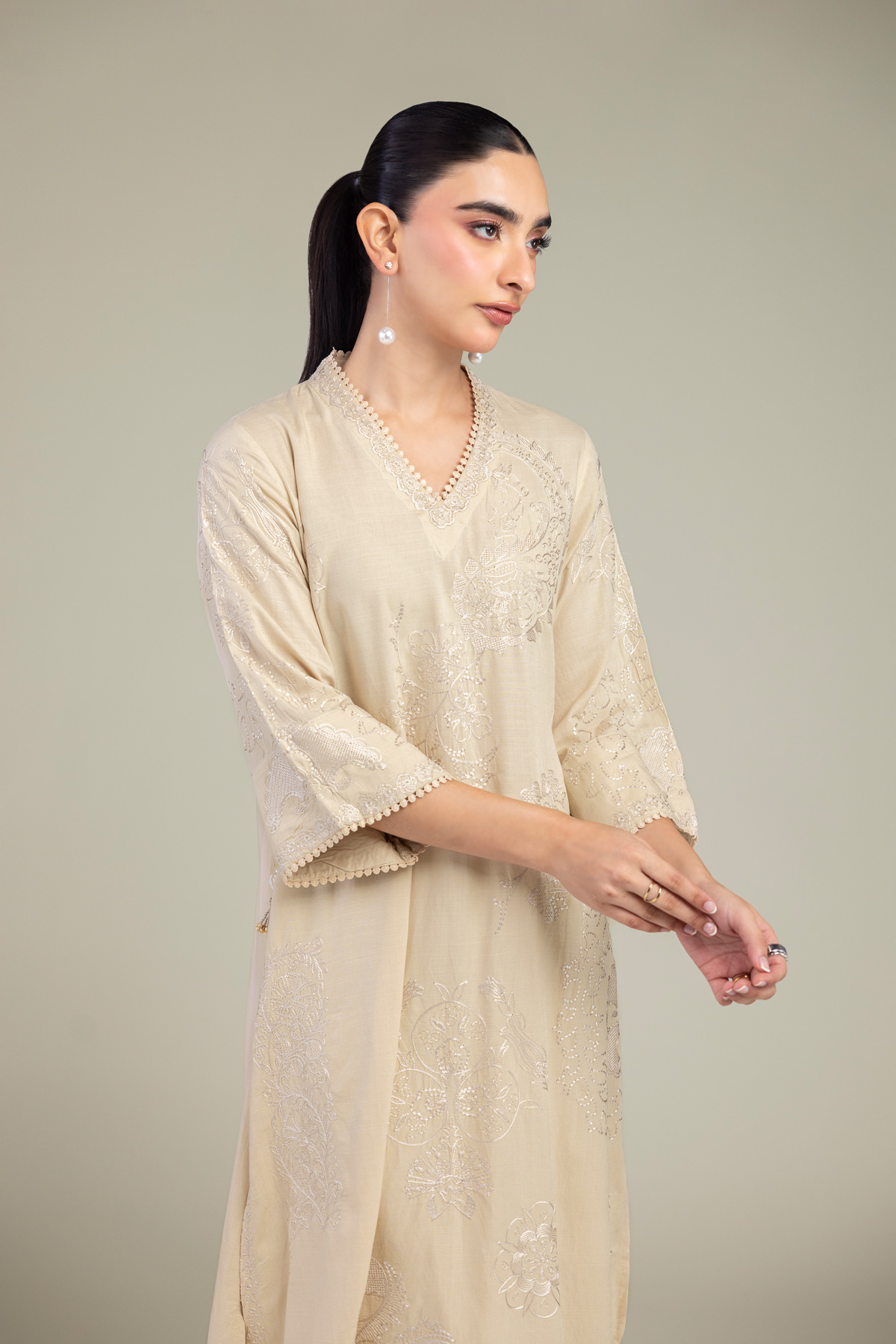Embroidered Raw Silk Floral V-Neck Kurta - A22-26-214FH1-VG