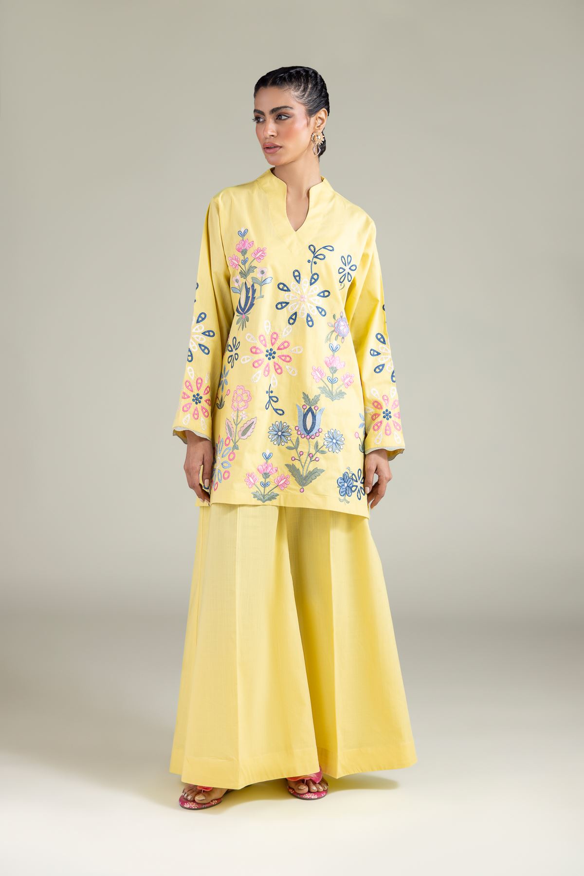 Embroidered Textured Cotton Floral V-Neck Kurta - 1-26-120-A-A-VG
