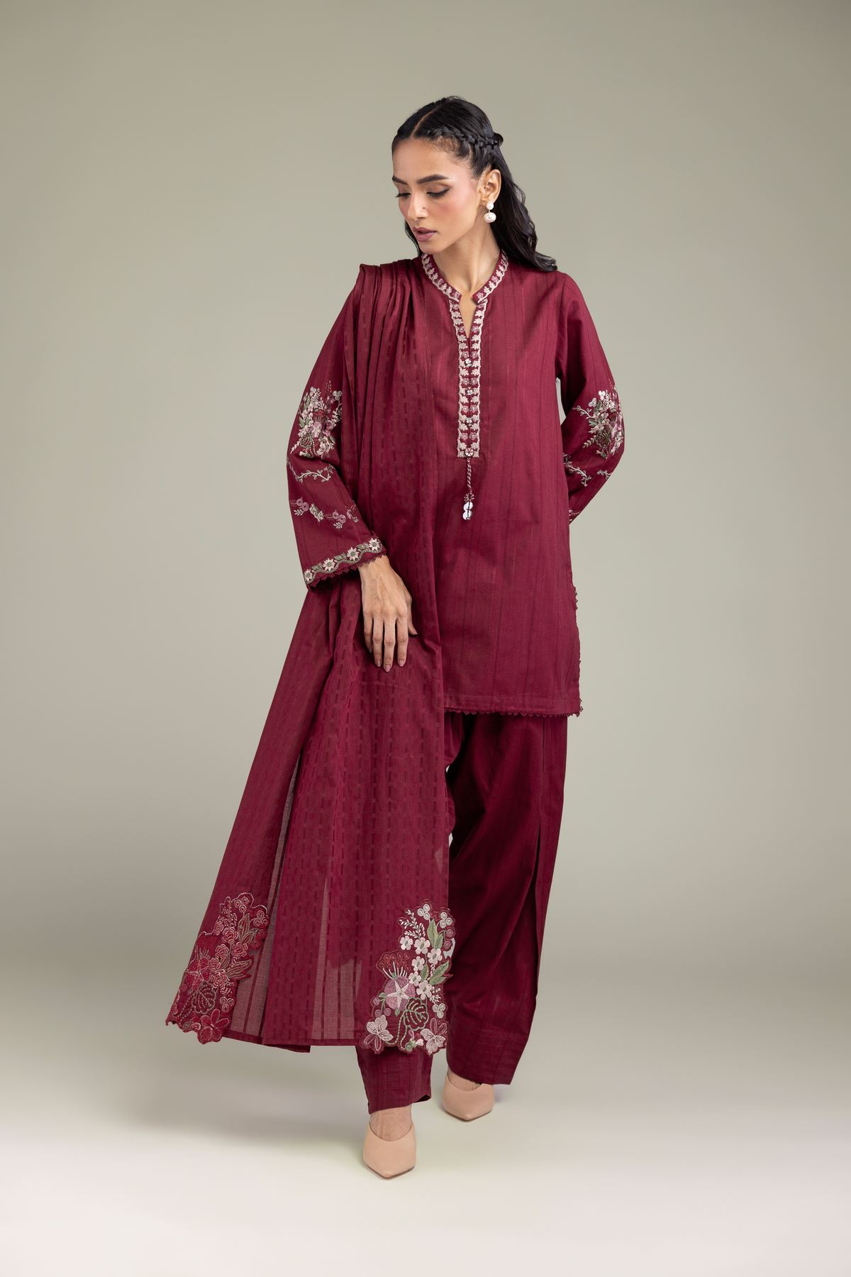 Embroidered Textured Cotton Floral Maroon Dupatta - 1-26-131-A-B-VG