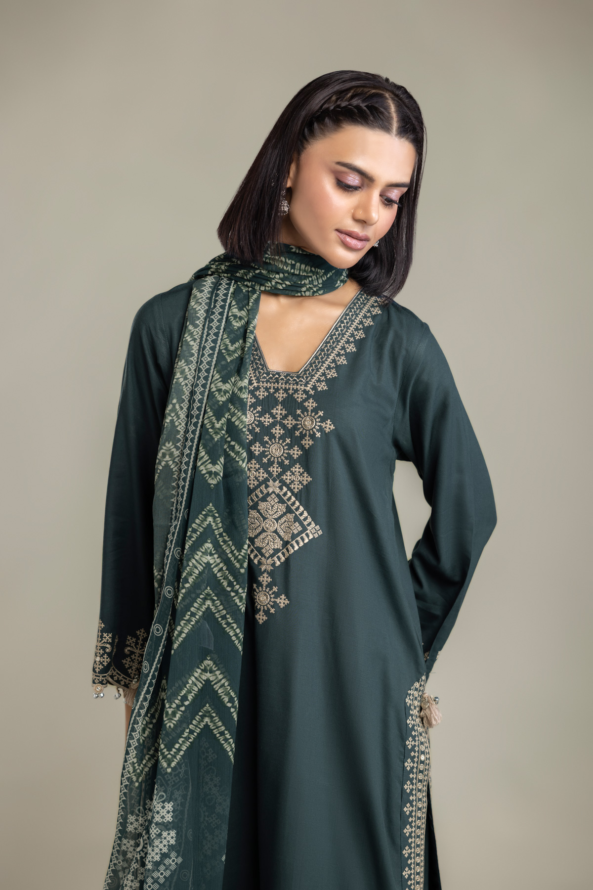 Embroidered Raw Silk 3-Piece Tailored Set - 1-26-408-A-B1-VG