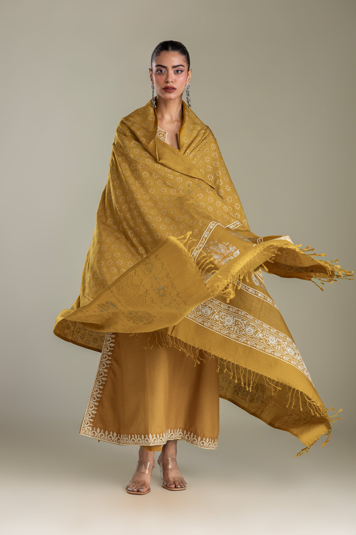 Embroidered Rashmina Acrylic Mustard Floral Shawl - 1-26-433-A-C1-VG