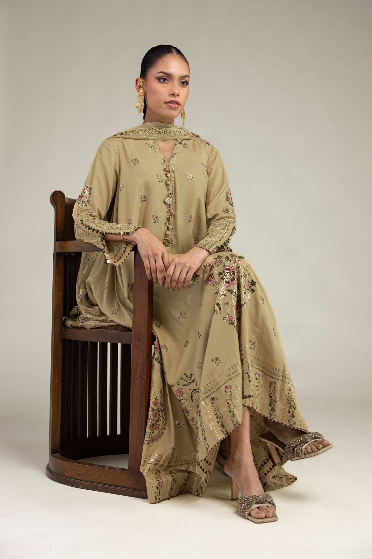 Embroidered Raw Silk 3 Piece Co-ord Set - 12-26-106-F-F-VG