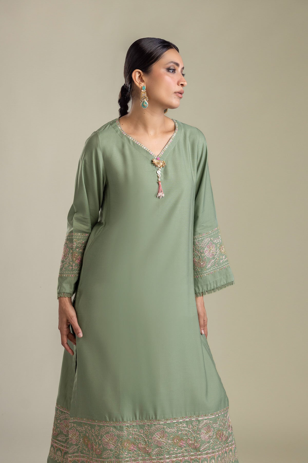 Embroidered Raw Silk Longline Silk Kurta - 2-26-403-A-H1-VG