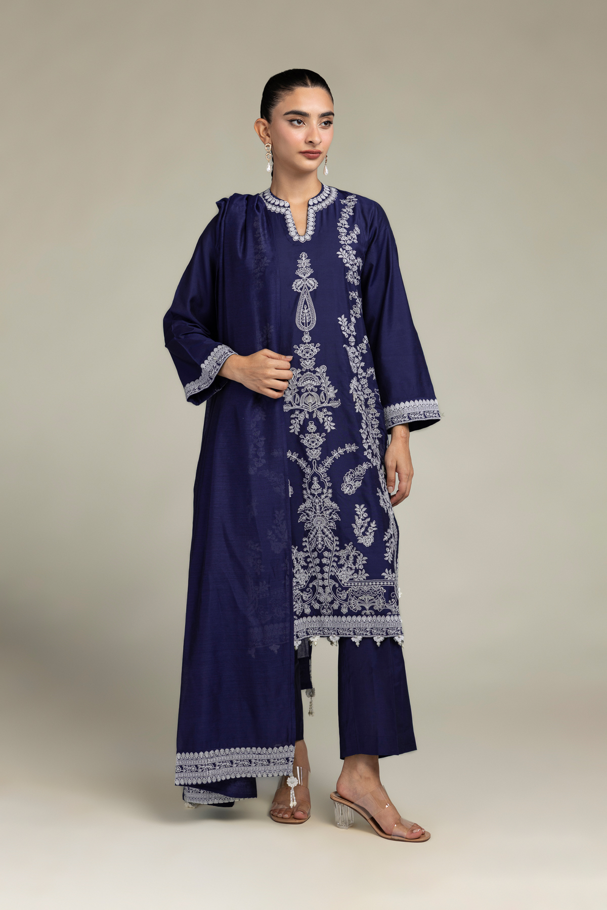Embroidered Raw Silk Navy Solid Pants - 1-26-102-A-F-VG