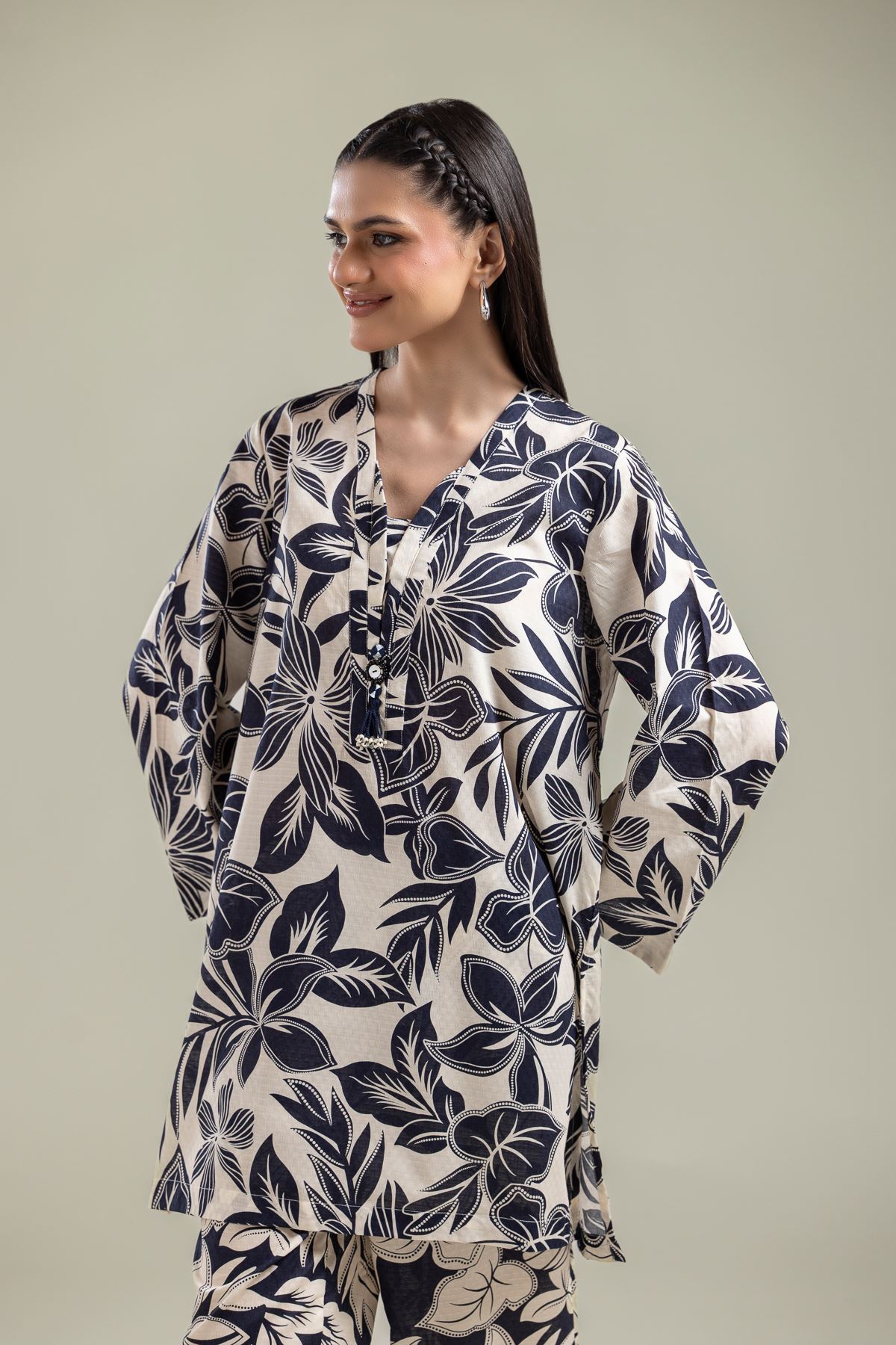 Printed Cotton Dobby Floral V-Neck Kurta - T-A113-26-101EI2-VG