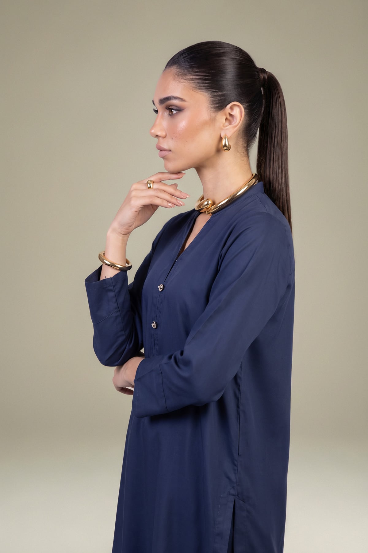 Dyed Raw Silk Navy V-Neck Kurta - 1-26-408-A-A1-VG
