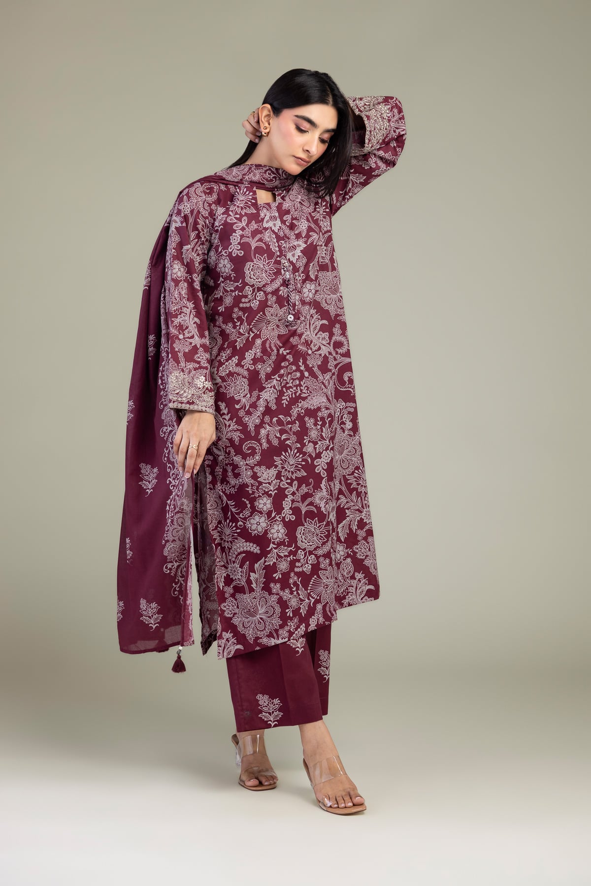 Embroidered Cambric Floral Maroon Pants - A22-26-214FH1-VG