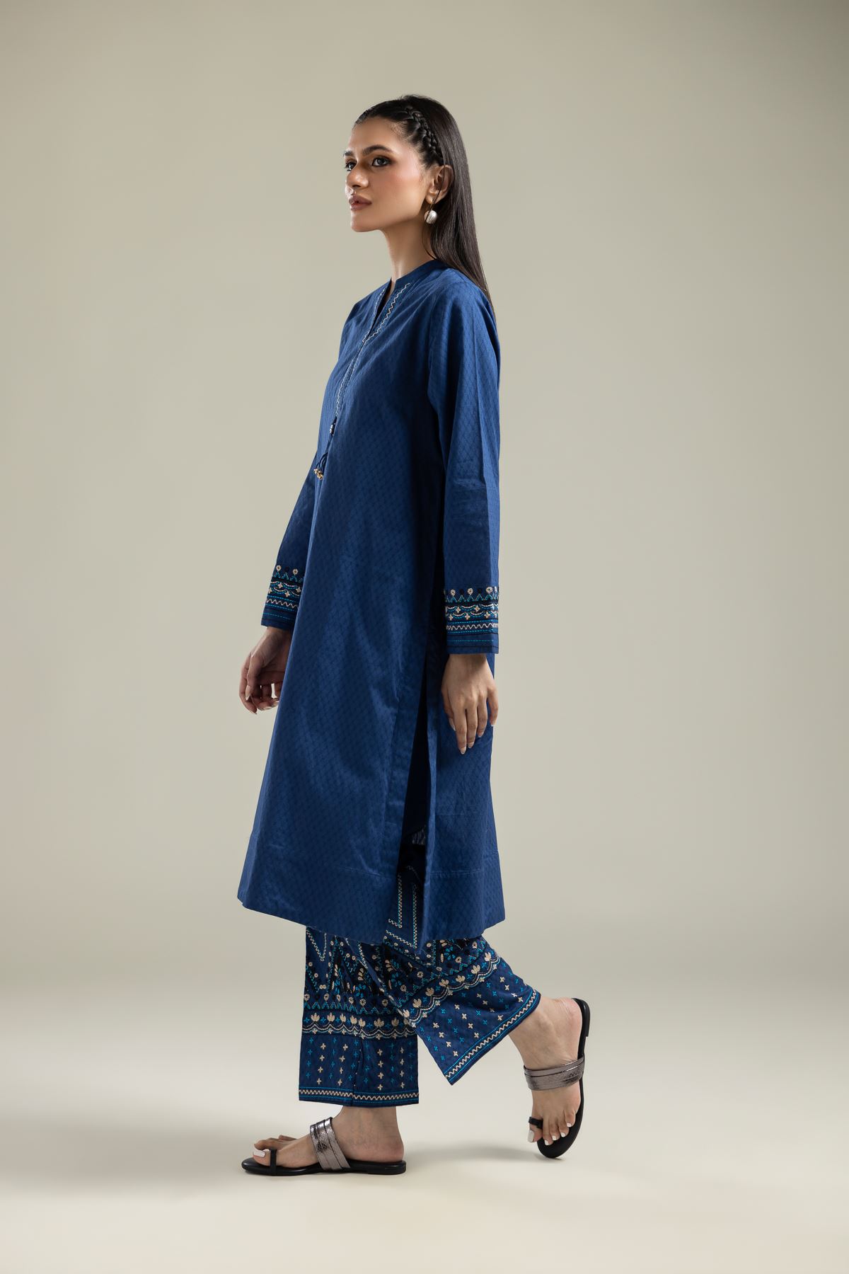 Embroidered Cotton Dobby Geometric Blue Pants - 25-09-10E4-10TA-VG