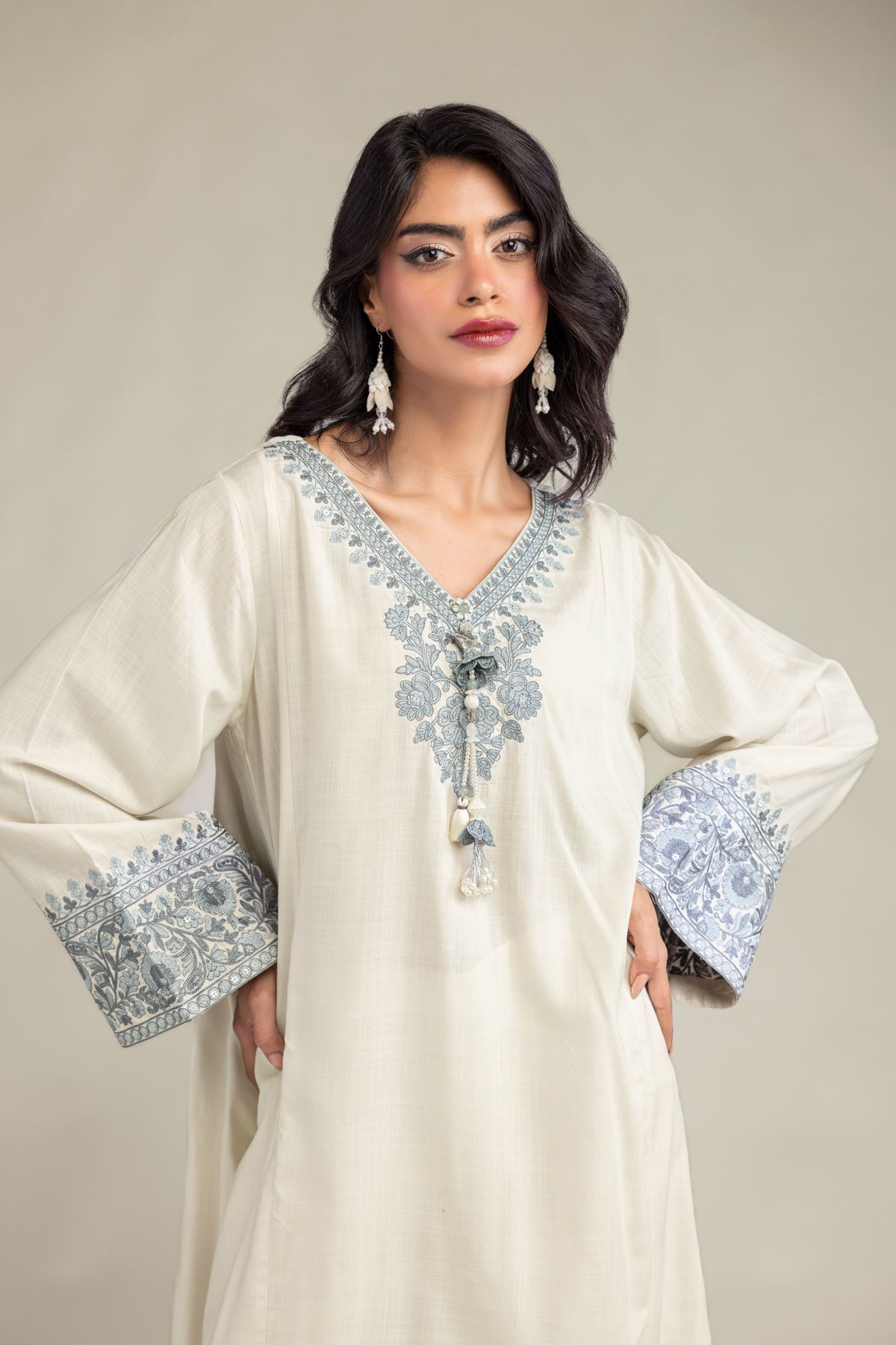 Embroidered Raw Silk Floral V-Neck Kurta - 2-26-301-A-E1-VG