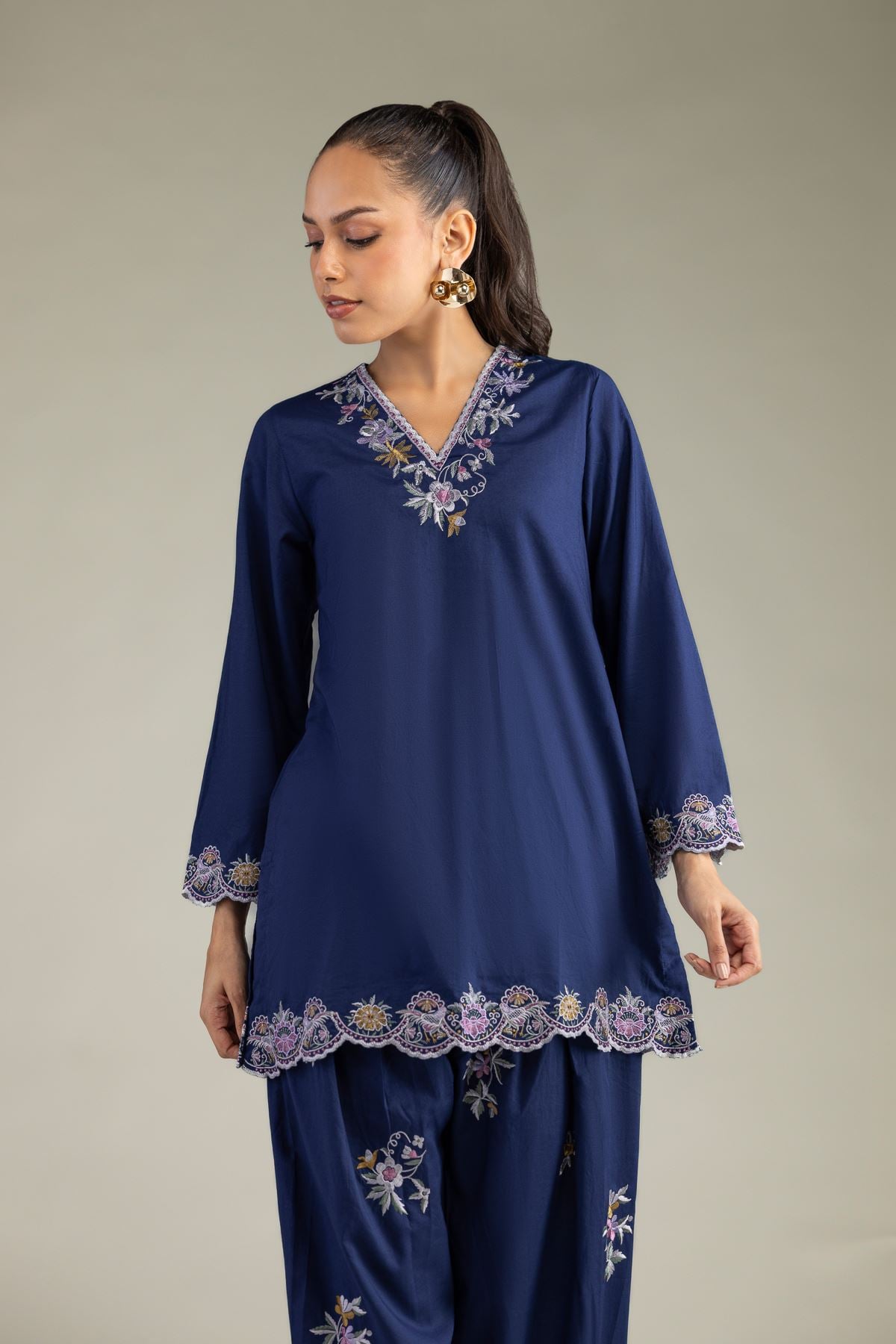 Embroidered Cambric Cambric Navy Kurta - 1-26-102-A-F-VG