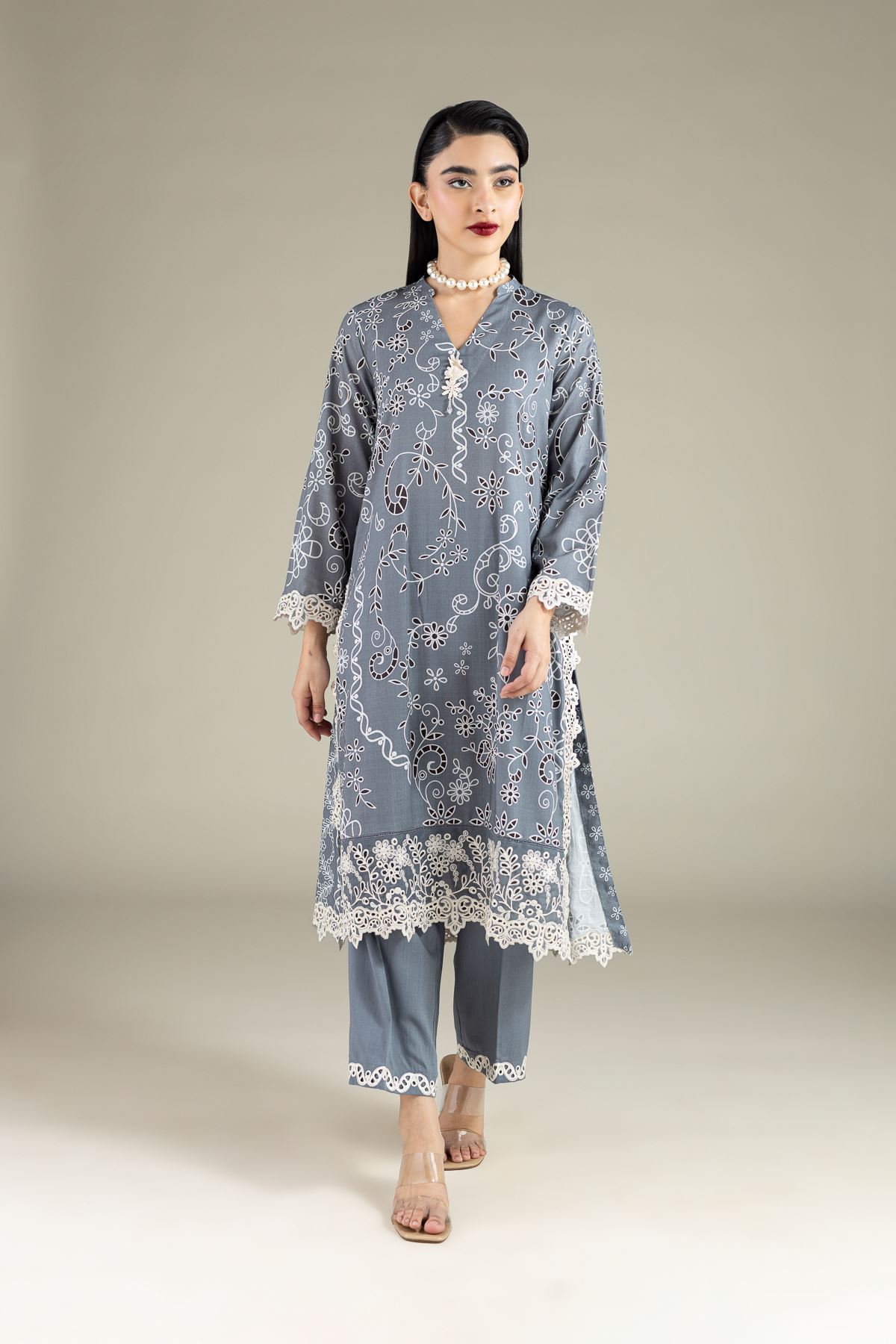 Embroidered Raw Silk Pants - 1-26-124-B-F-VG