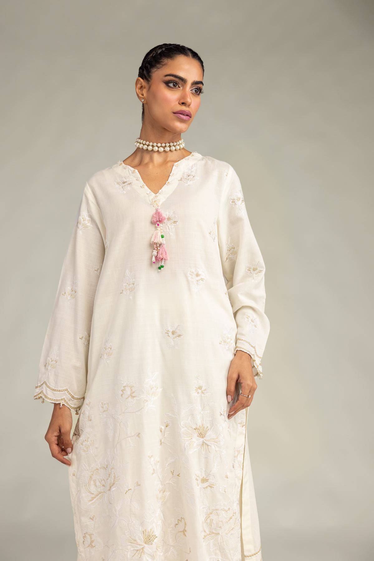 Embroidered Raw Silk Floral Longline Kurta - 1-26-322-B-A1-VG