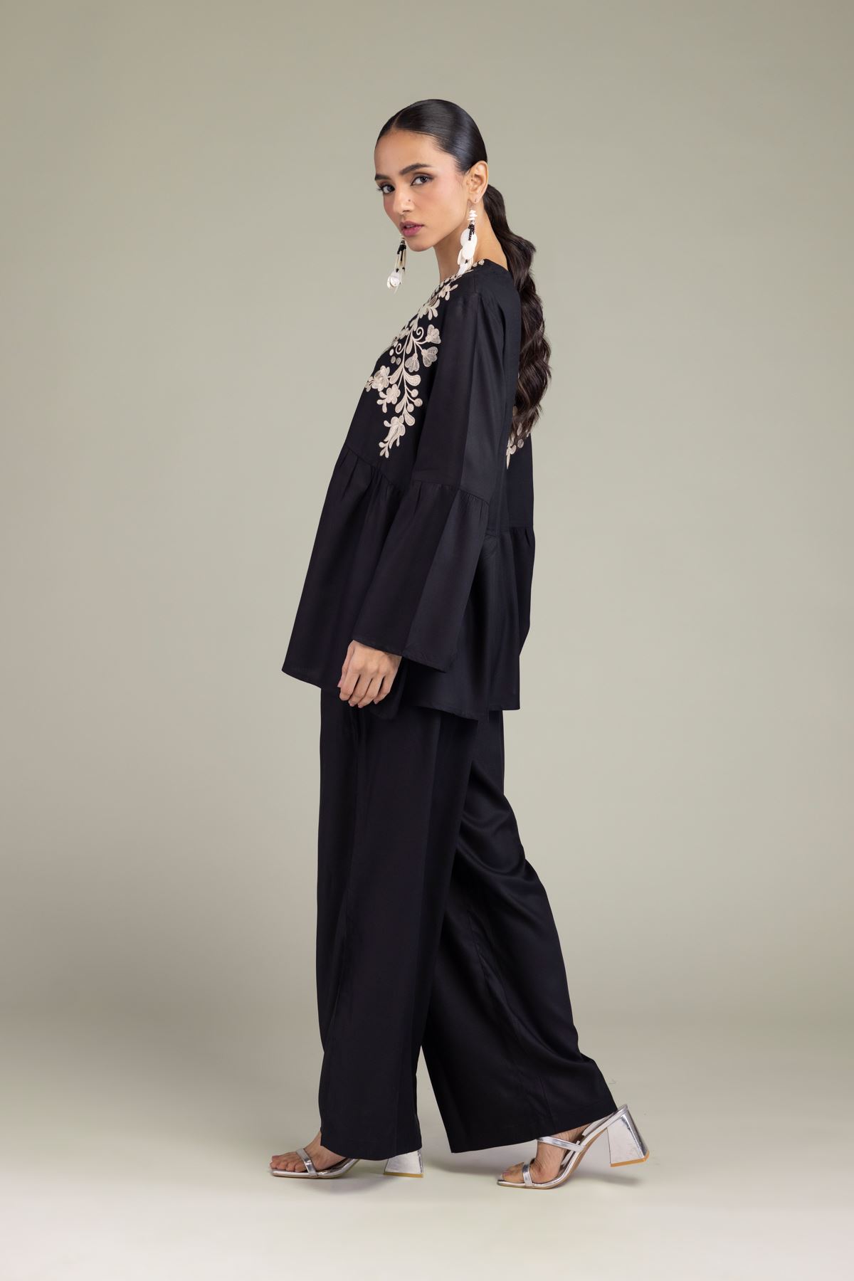 Embroidered Viscose Crepe Viscose Black Trousers - 6-26-202-A-G1-VG