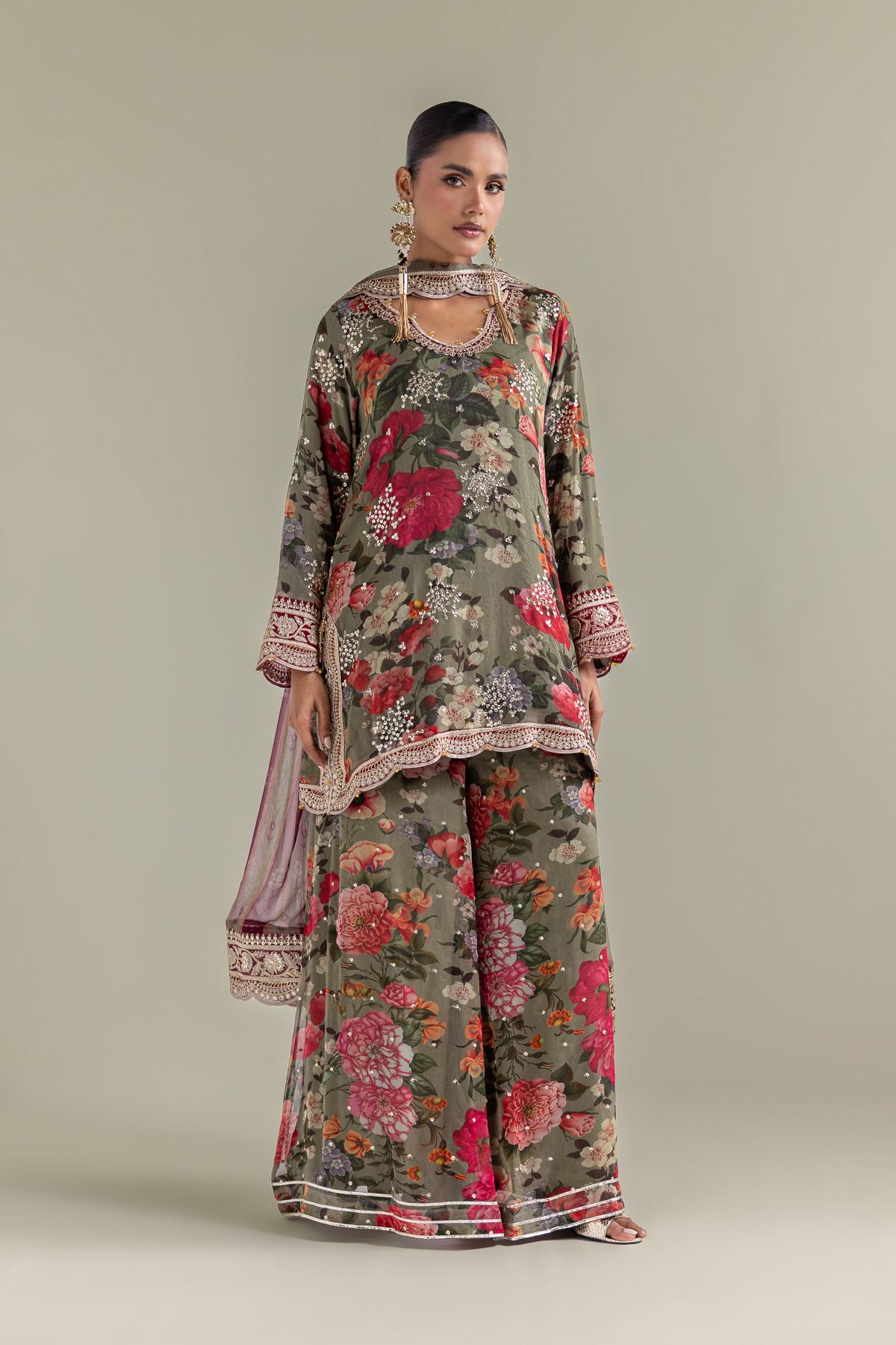 Embroidered Chiffon Floral 3-Piece Co-ords - 12-26-101-E-G-VG