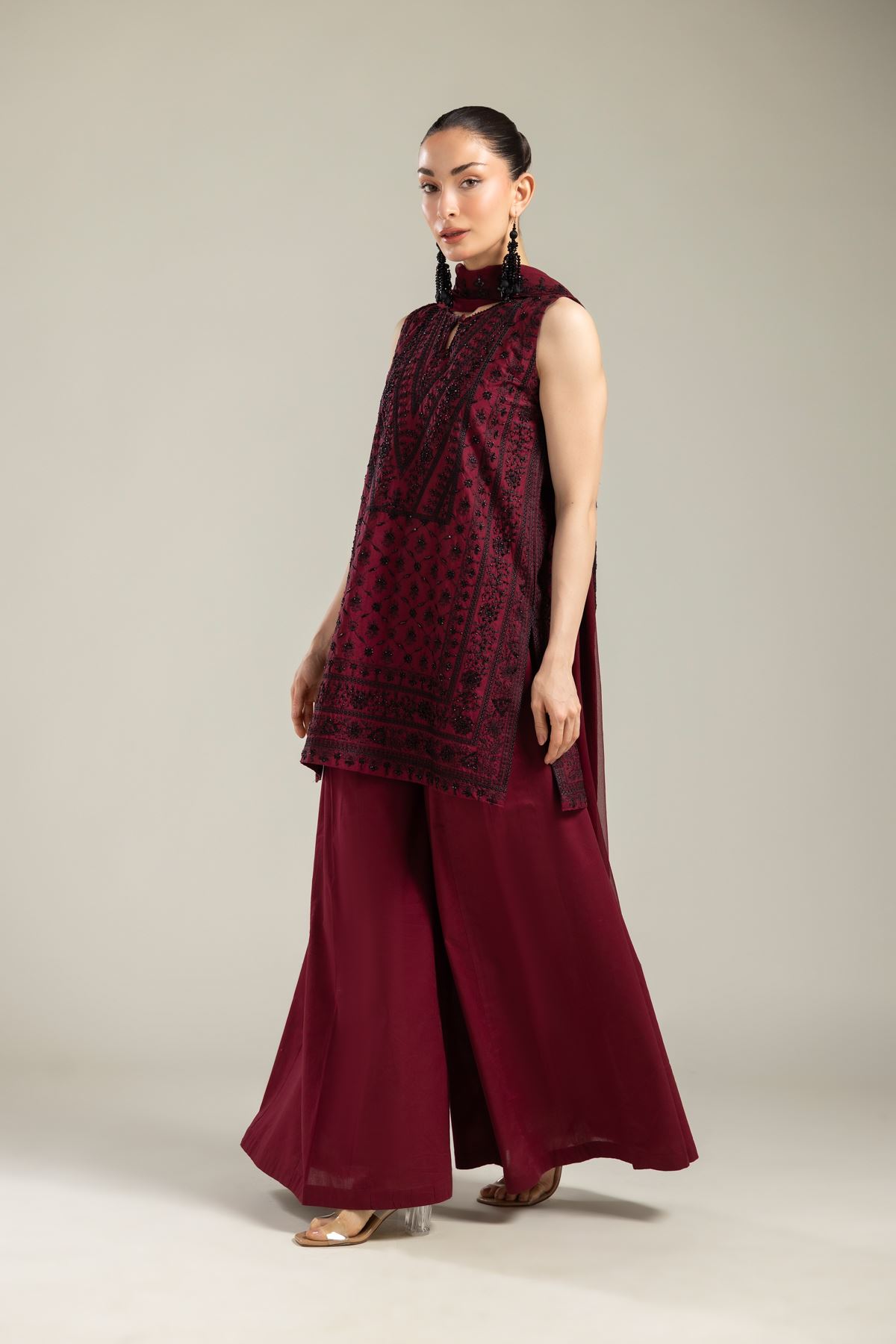 Embroidered Raw Silk 3 Piece Co-ord Set - T-A112-26-106EC1-VG