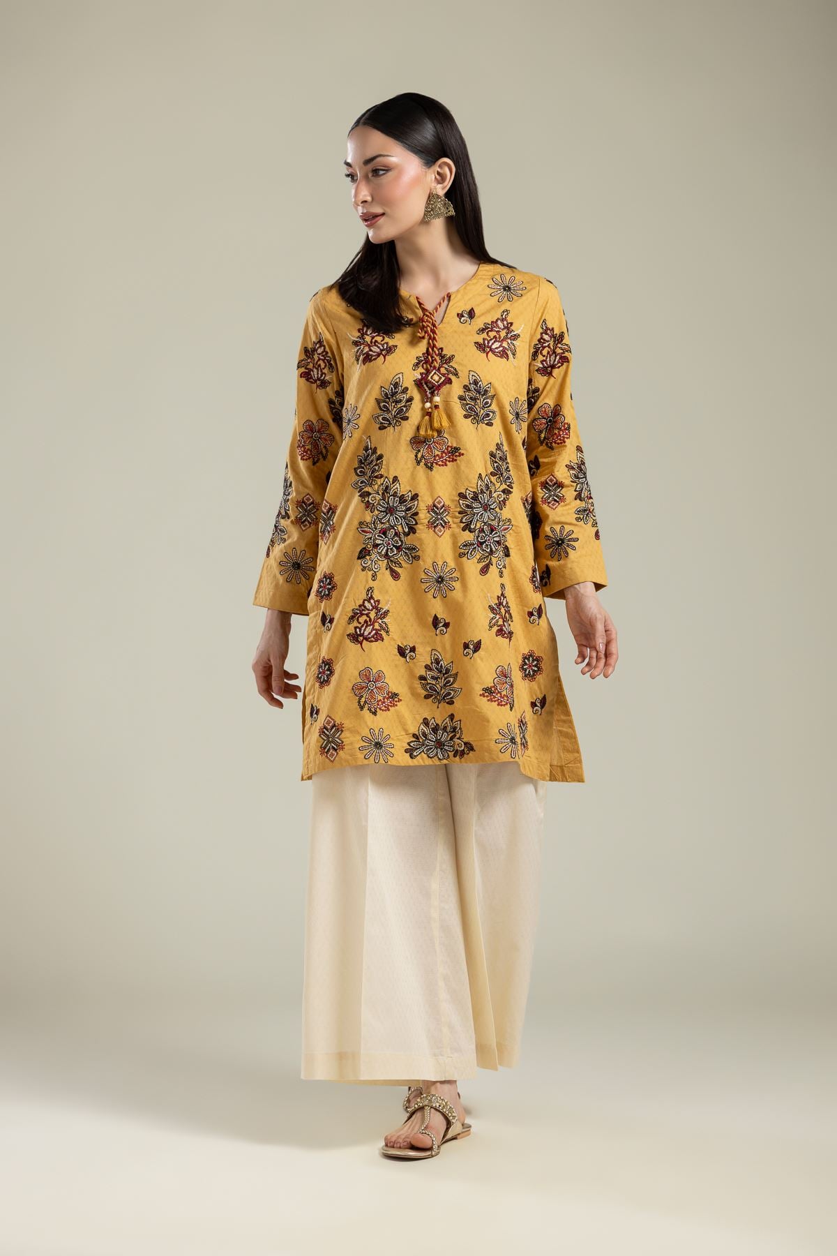 Embroidered Cotton Dobby Floral Mustard Kurta - 26-01-3E2-09TA-VG