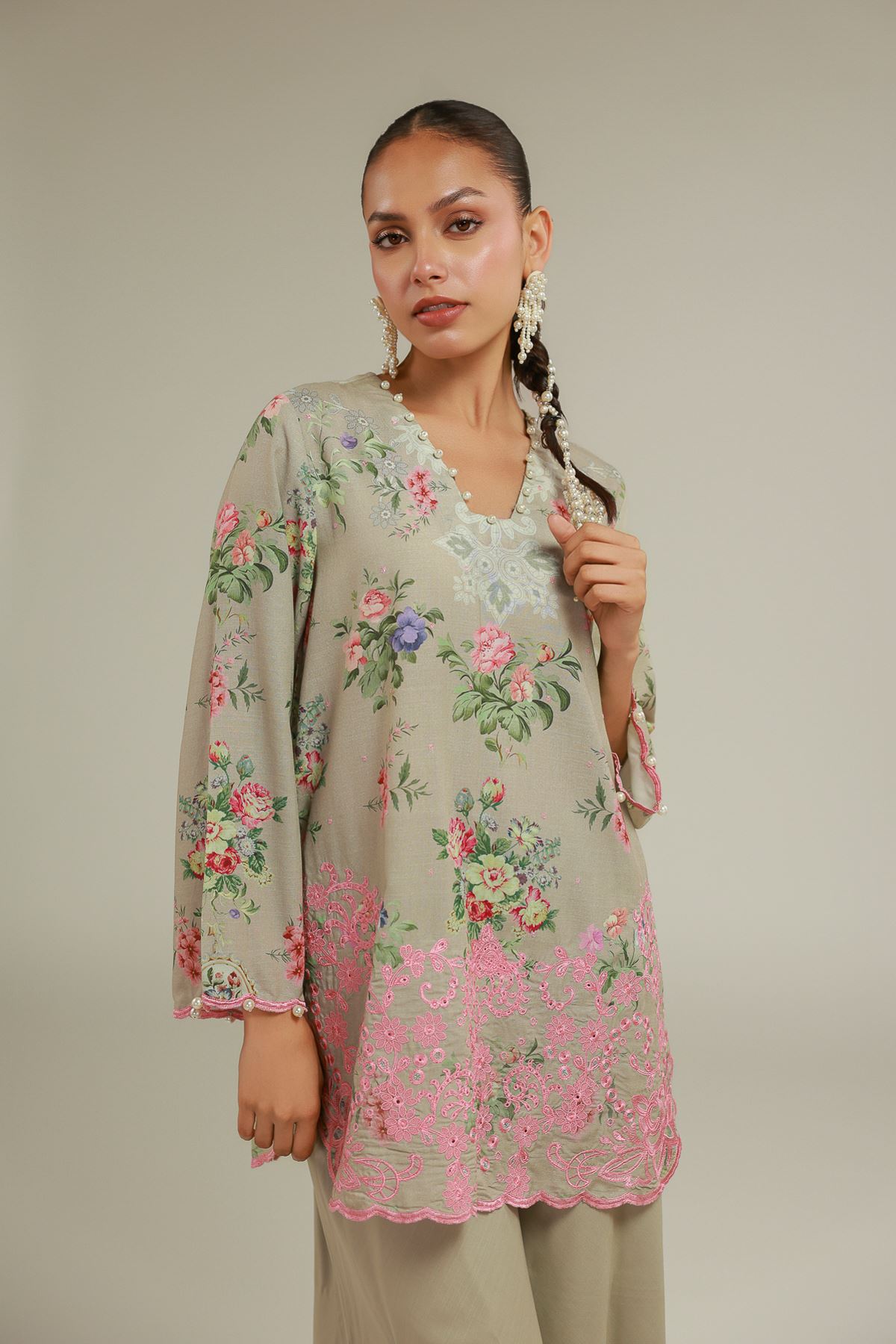 Embroidered Raw Silk Floral V-Neck Kurta - 1-26-119-A-D-VG