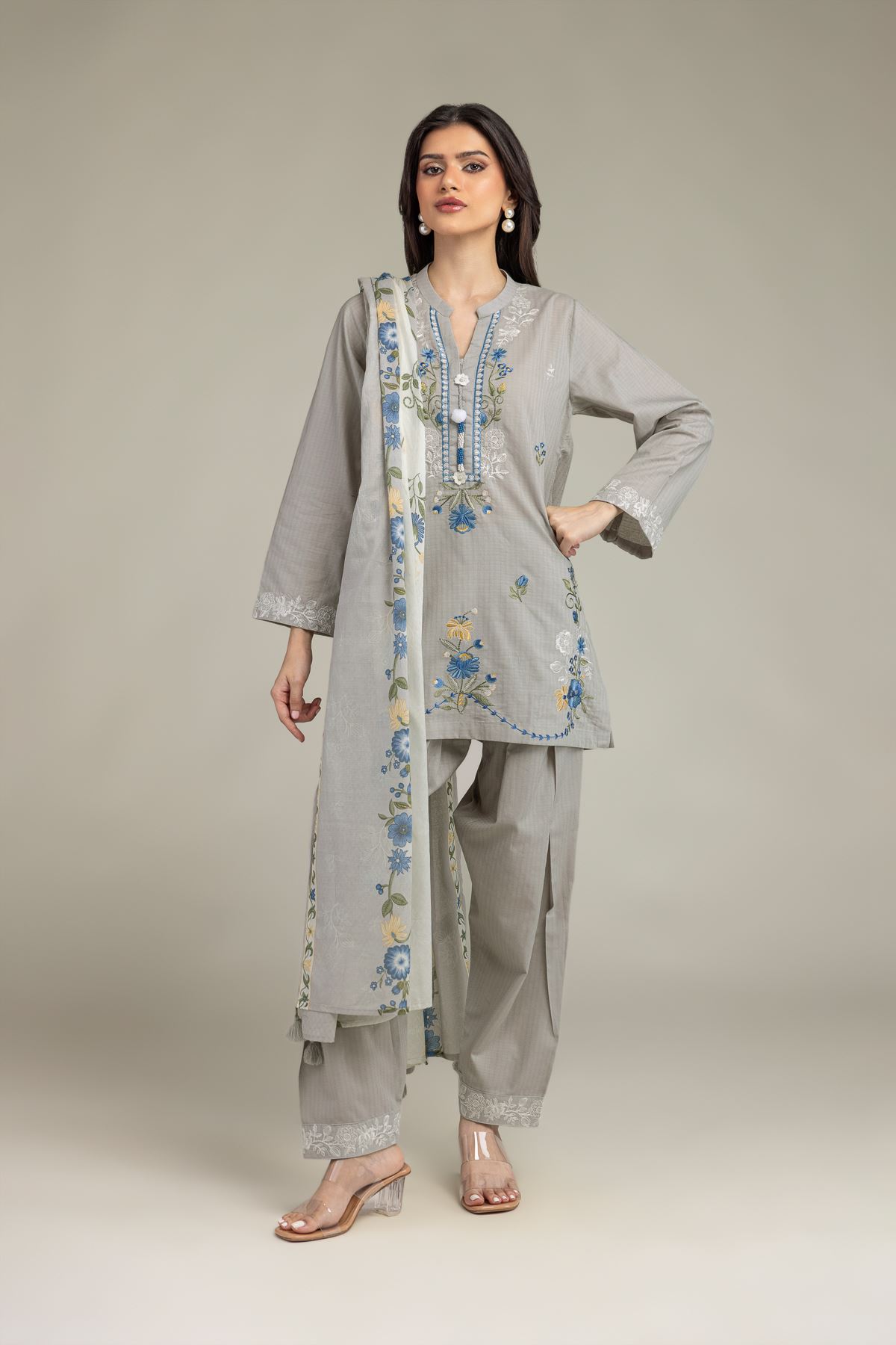 Embroidered Cotton Net Gray Floral Dupatta - 1-26-225-A-C1-VG